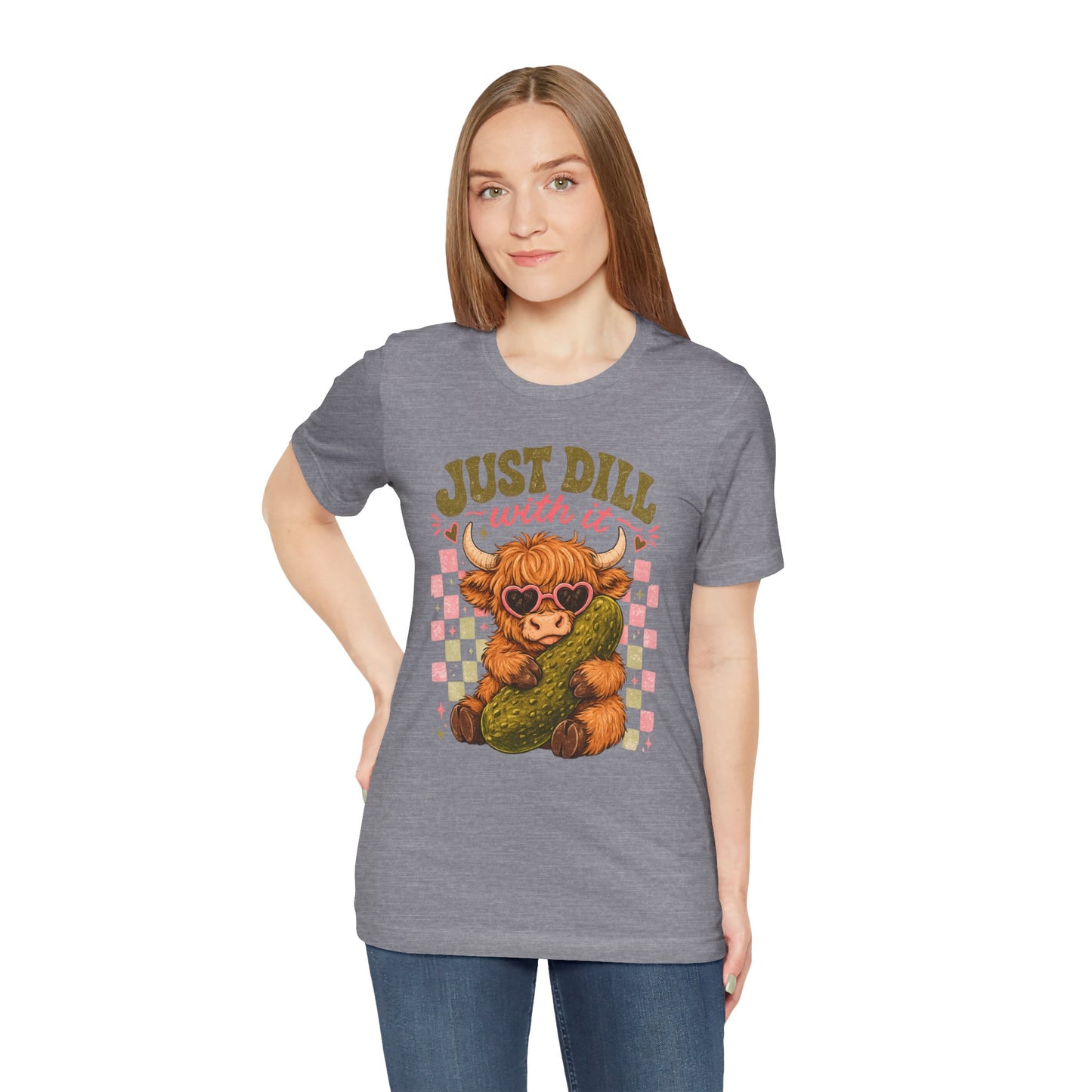 Just Dill With It Tee — Cute Highland Cow Hugging Pickle Graphic T‑Shirt