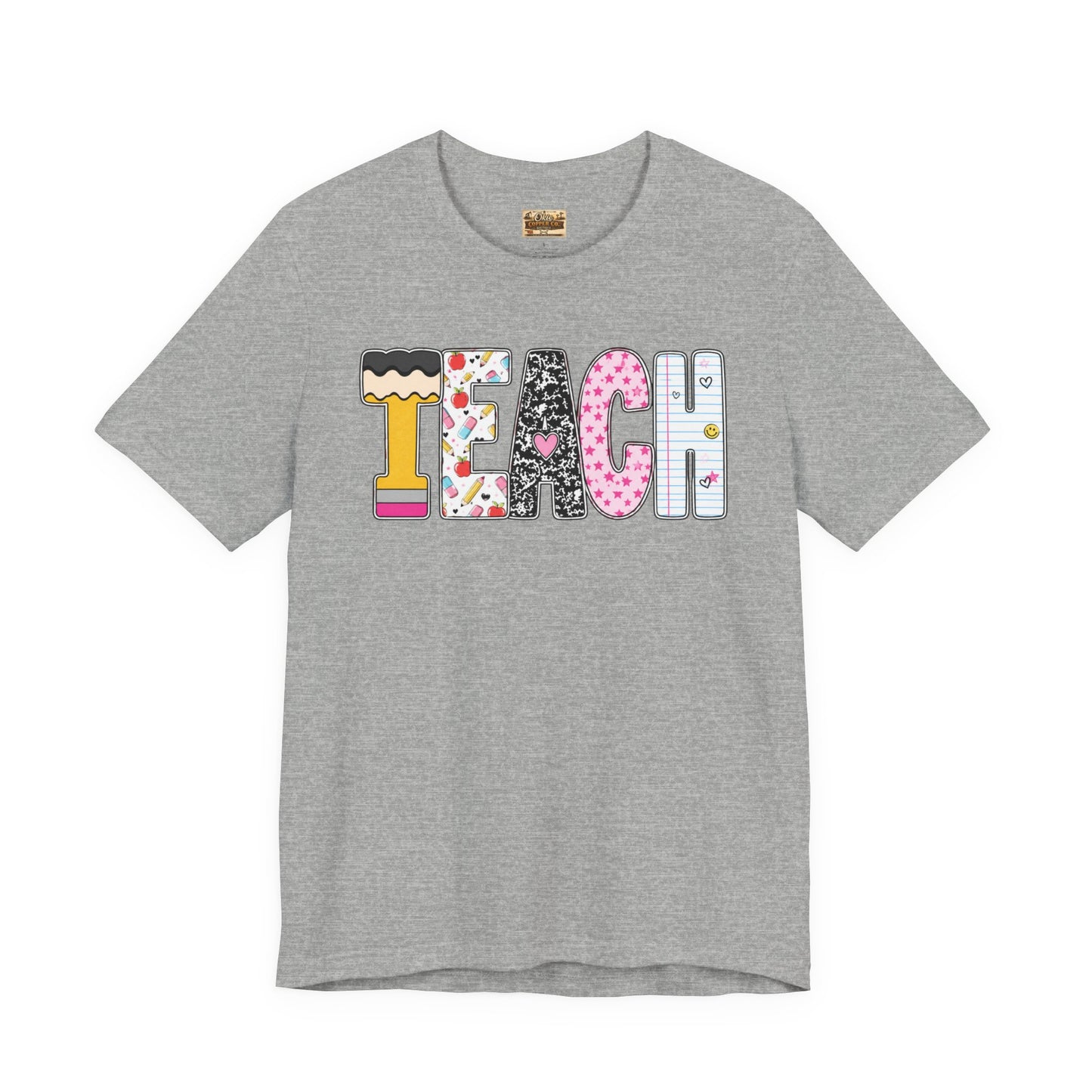 Teach Colorblock Graphic Tee – Cute Patterned Teacher T-Shirt