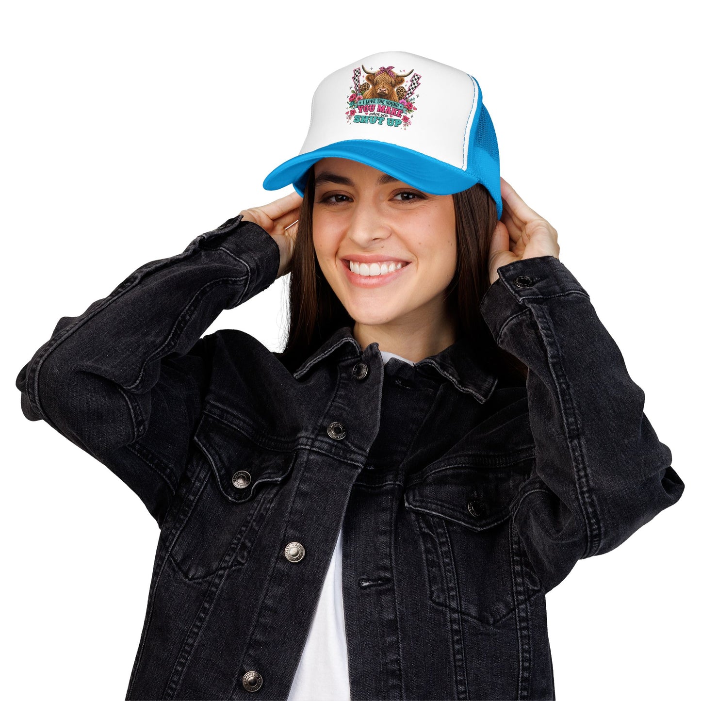 Cow Skull Trucker Hat – “I Love the Sound You Make When You Shut Up” Floral Western Cap
