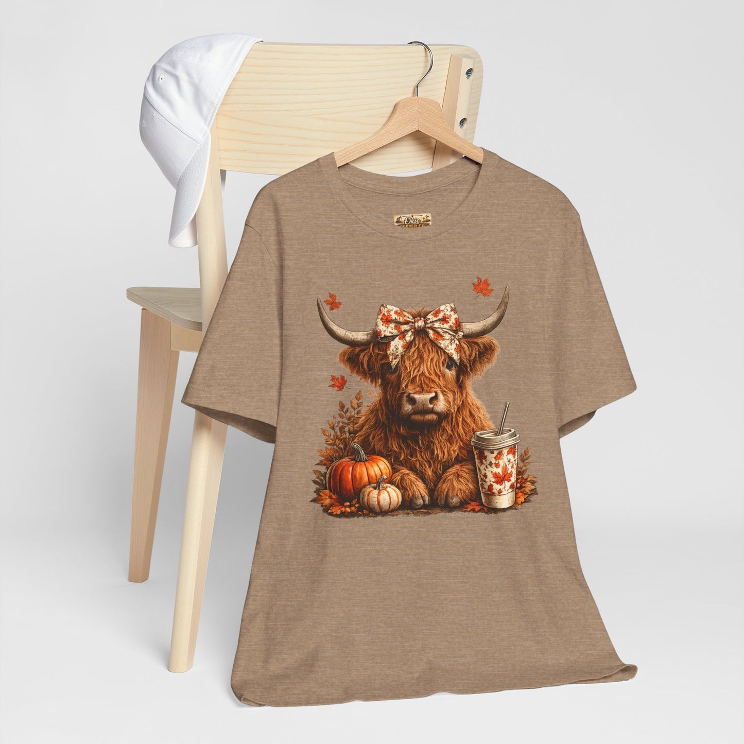 Autumn Highland Cow Tee — Fall Pumpkin Latte Graphic T-Shirt
