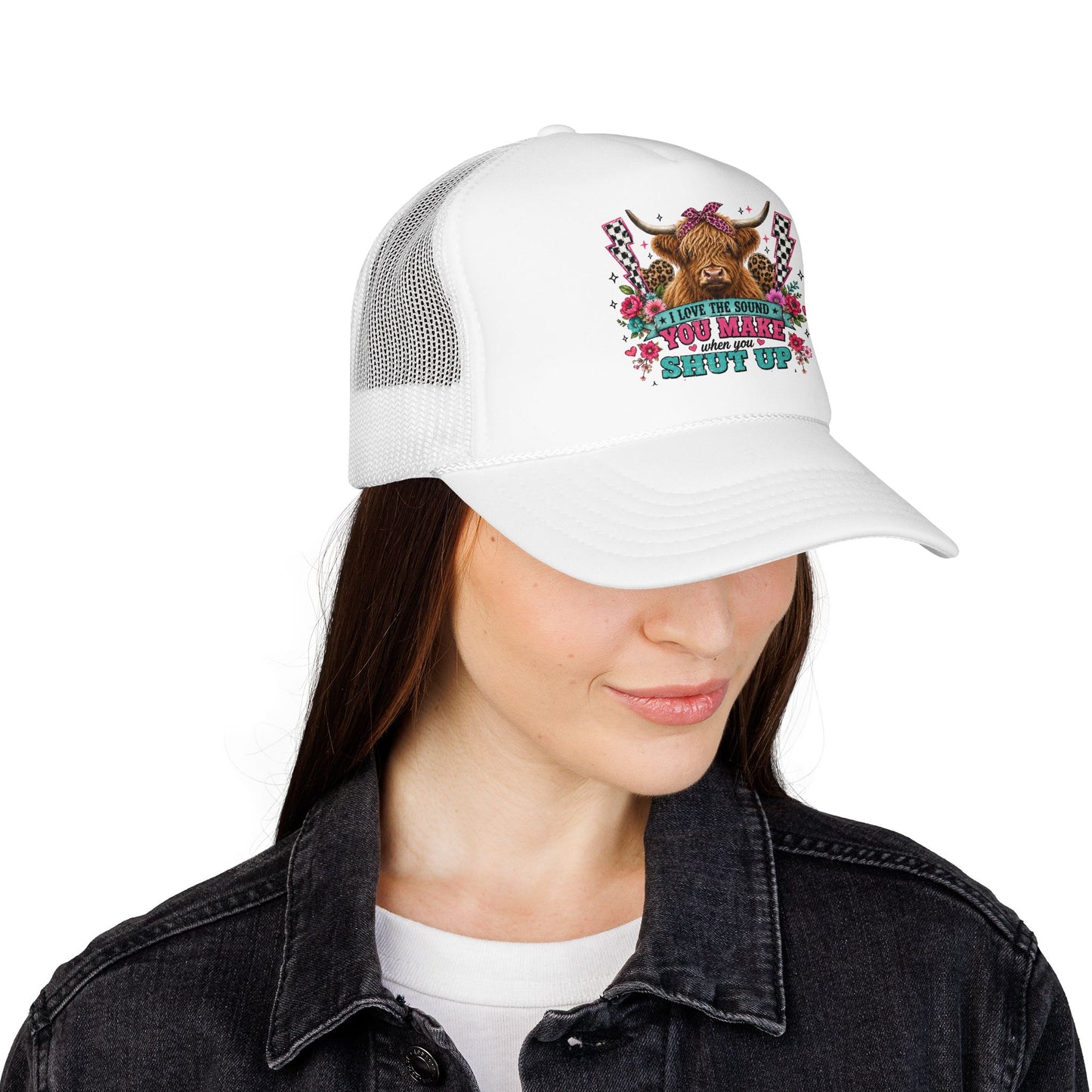 Cow Skull Trucker Hat – “I Love the Sound You Make When You Shut Up” Floral Western Cap