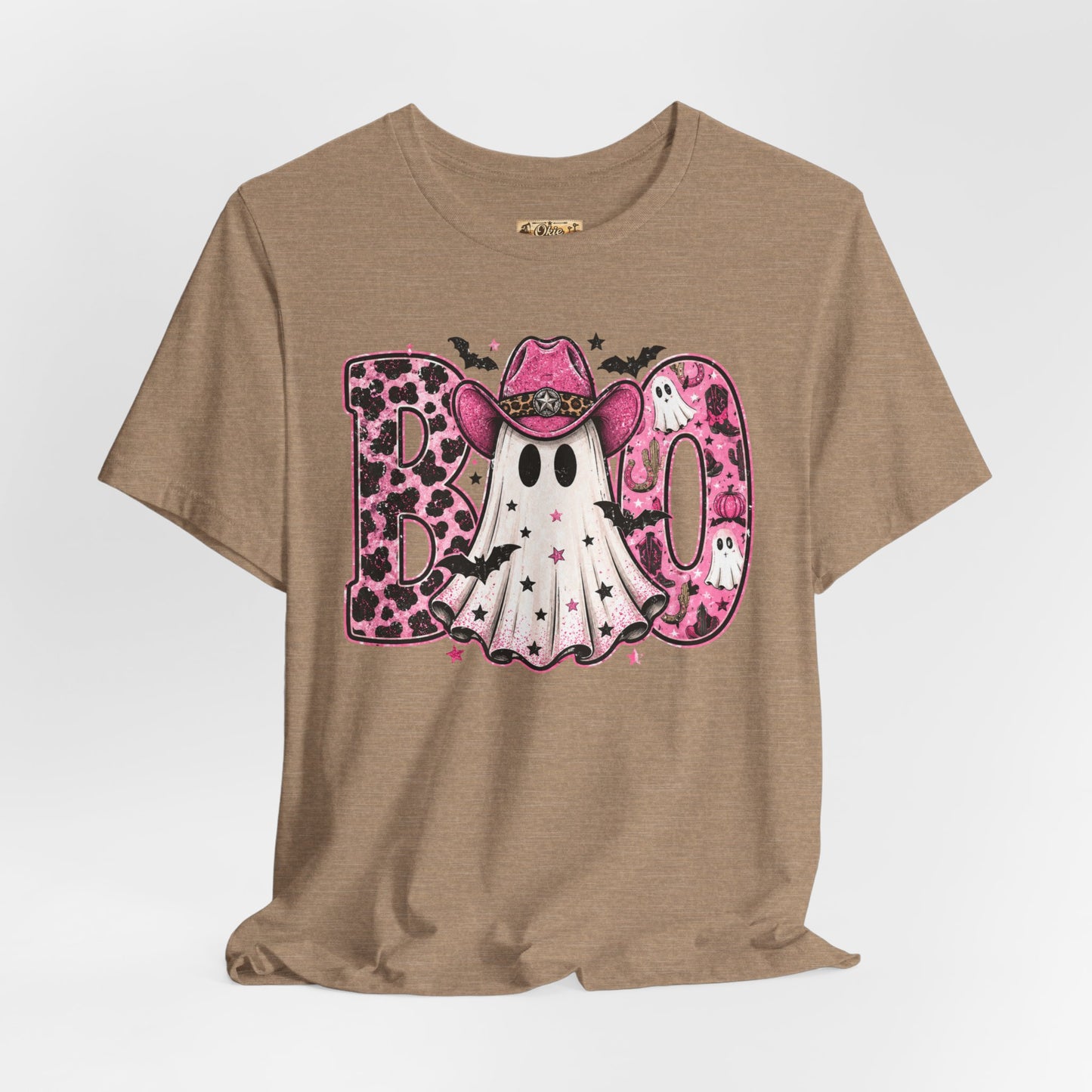 Boo Pink Leopard Ghost Tee — Cute Cowgirl Halloween T-Shirt