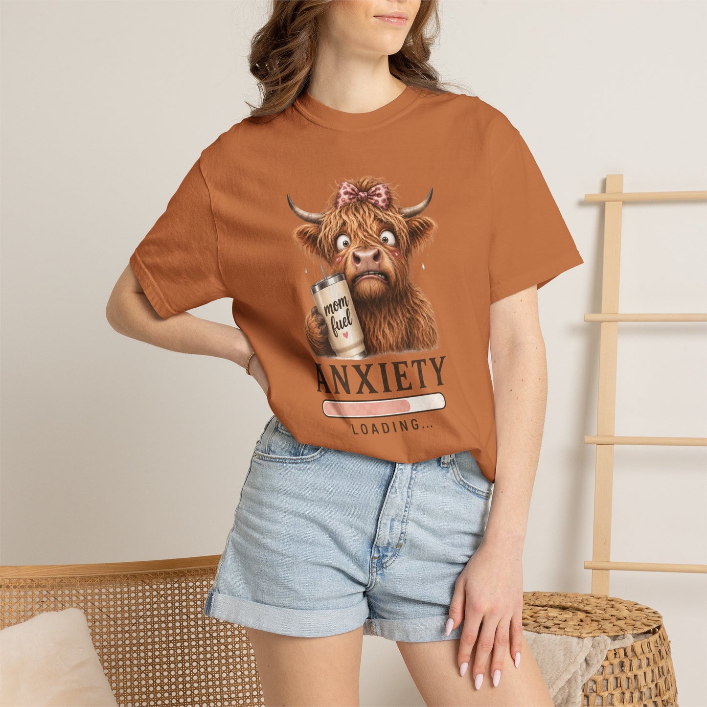 Anxiety Loading T-Shirt — Cute Highland Cow with 'Mom Fuel' Mug
