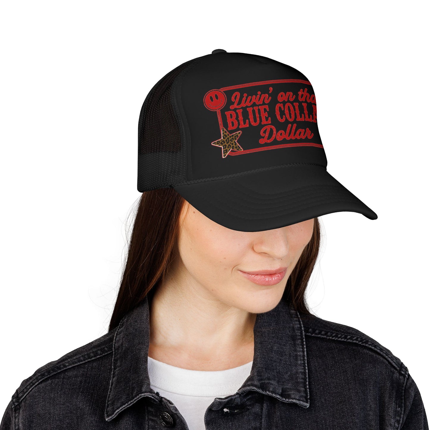 Livin' On That Blue Collar Dollar Foam Trucker Hat — Retro Workwear Cherry Patch