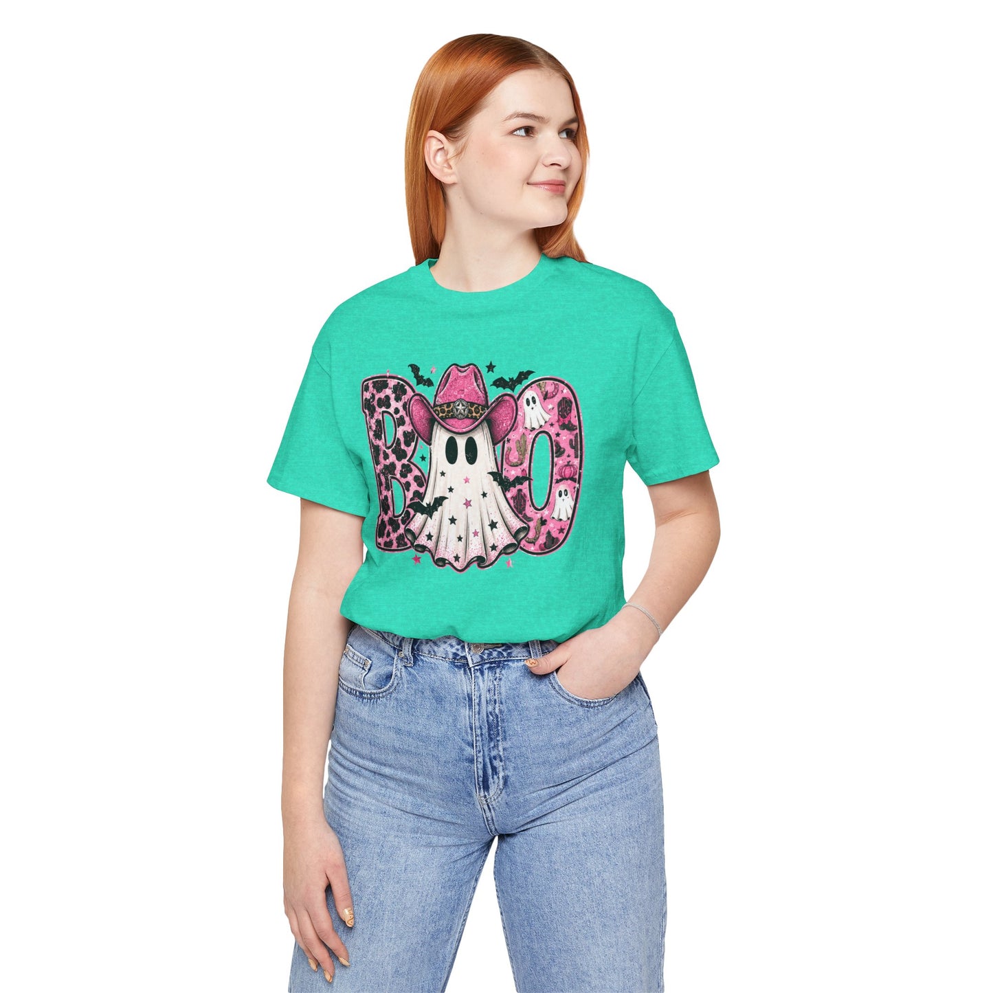 Boo Pink Leopard Ghost Tee — Cute Cowgirl Halloween T-Shirt