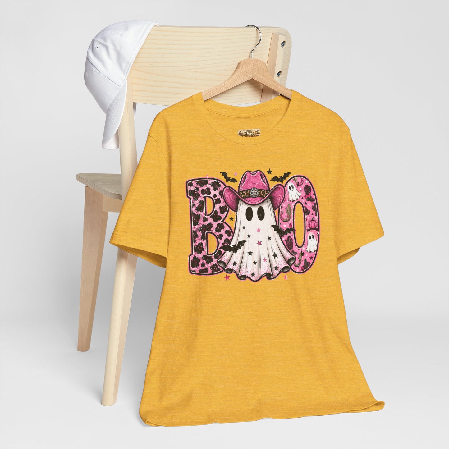 Boo Pink Leopard Ghost Tee — Cute Cowgirl Halloween T-Shirt