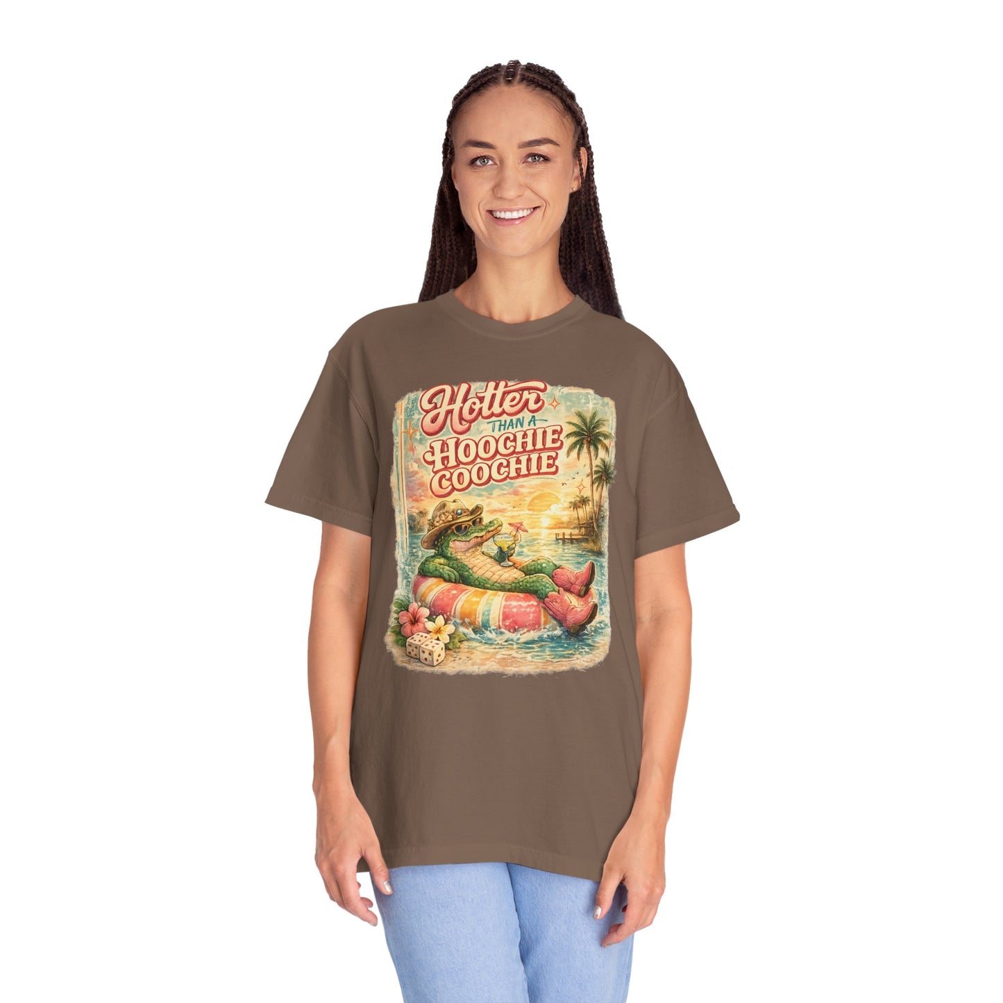 "Hotter Than a Hoochie Coochie" Retro Alligator Beach Graphic