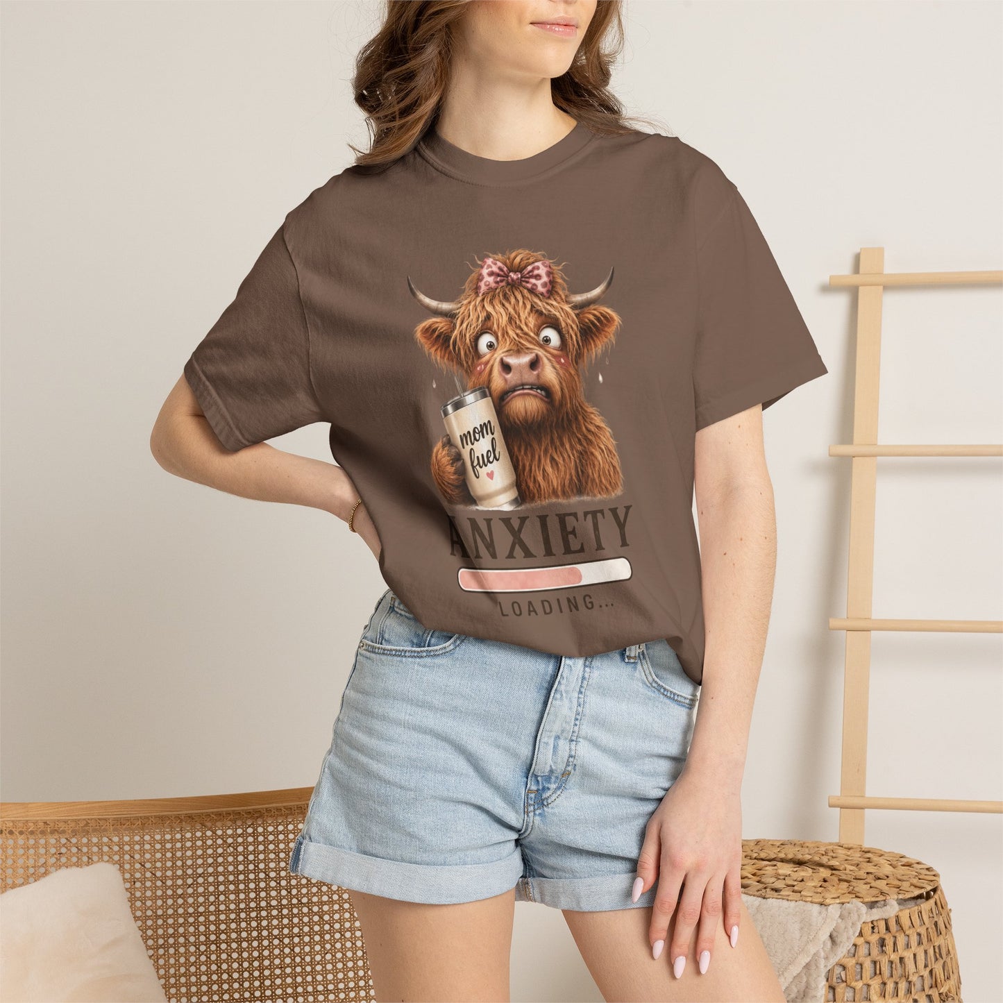 Anxiety Loading T-Shirt — Cute Highland Cow with 'Mom Fuel' Mug