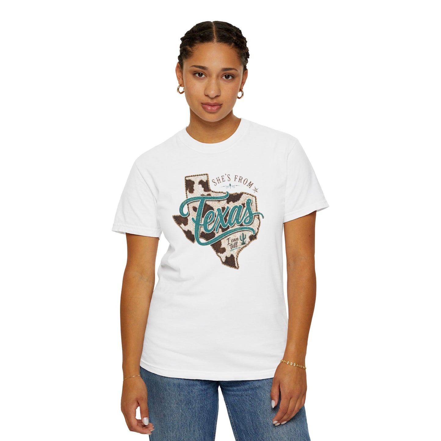 Texas Cowhide Graphic T-Shirt — "She's From Texas" Retro Western Tee