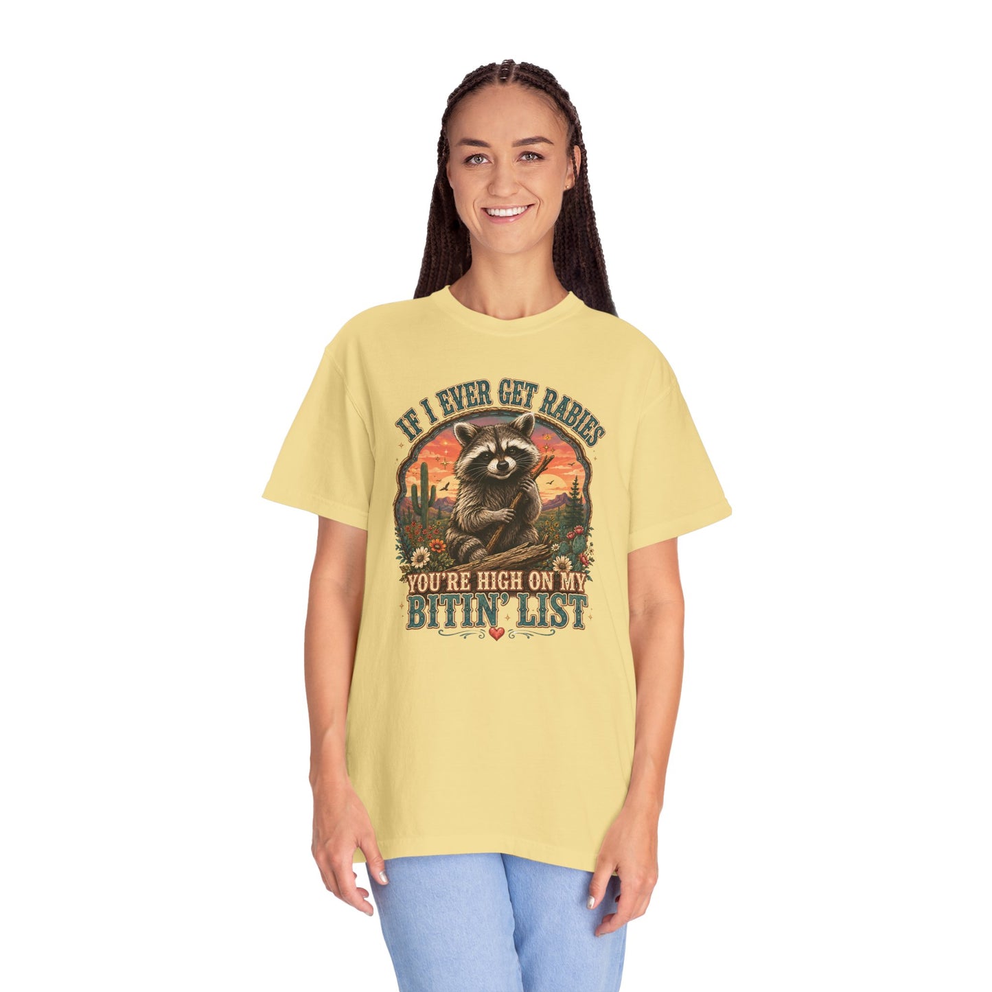 Raccoon Sunset T‑Shirt — “If I Ever Get Riches You’re High On My Bitin’ List” Funny Retro Graphic Tee