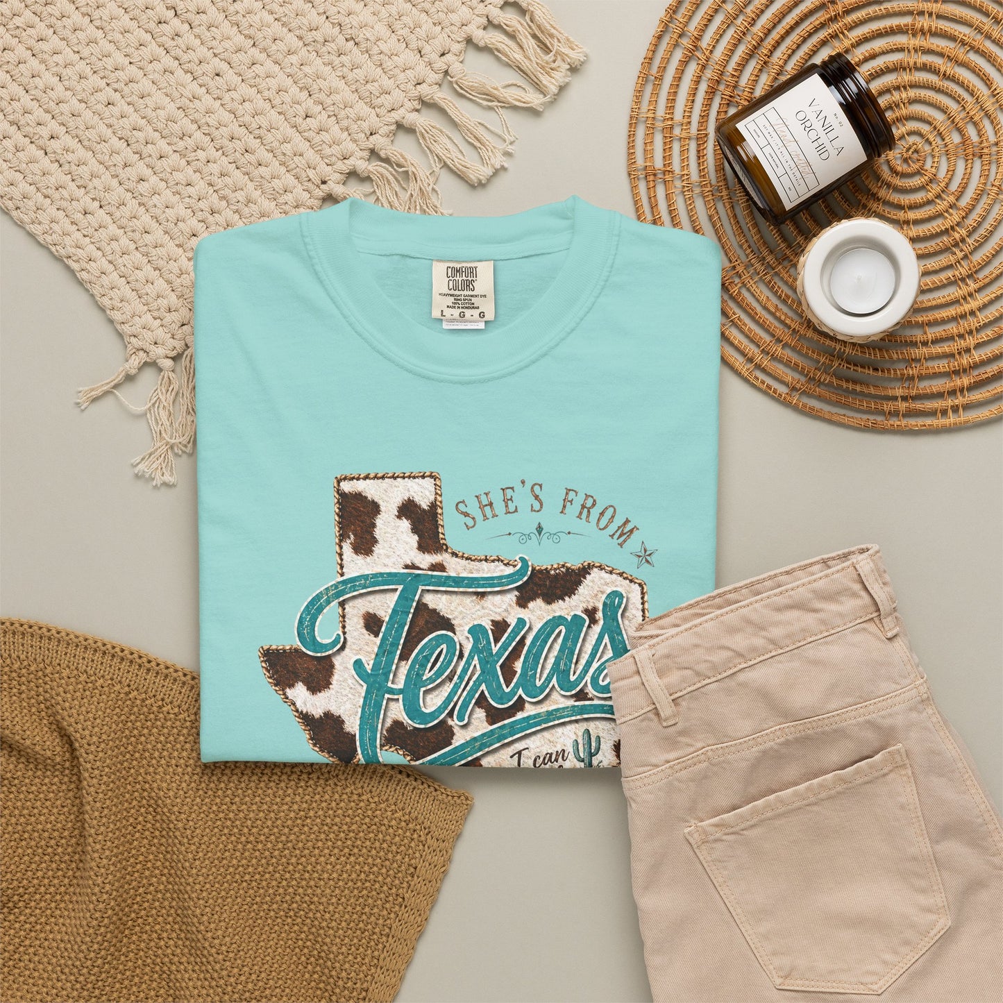 Texas Cowhide Graphic T-Shirt — "She's From Texas" Retro Western Tee