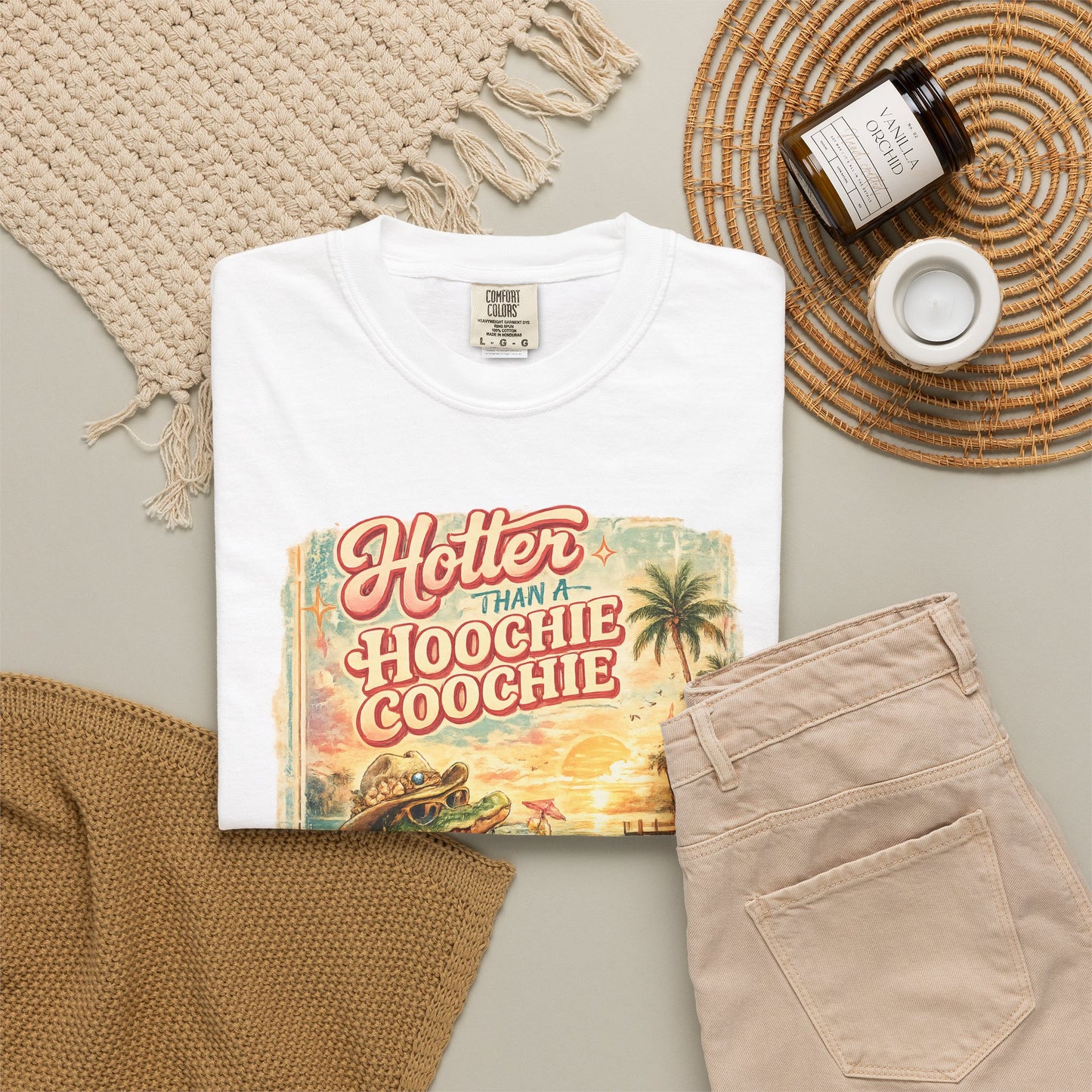 "Hotter Than a Hoochie Coochie" Retro Alligator Beach Graphic