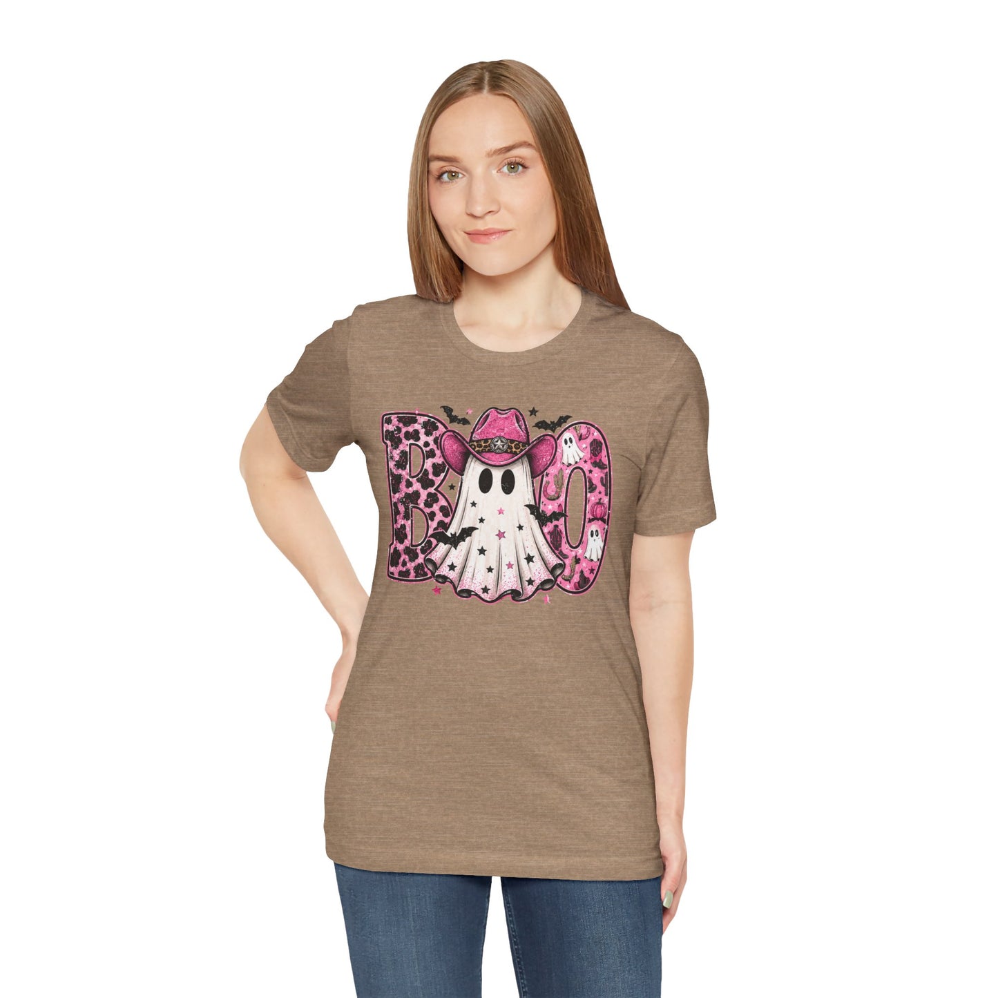 Boo Pink Leopard Ghost Tee — Cute Cowgirl Halloween T-Shirt