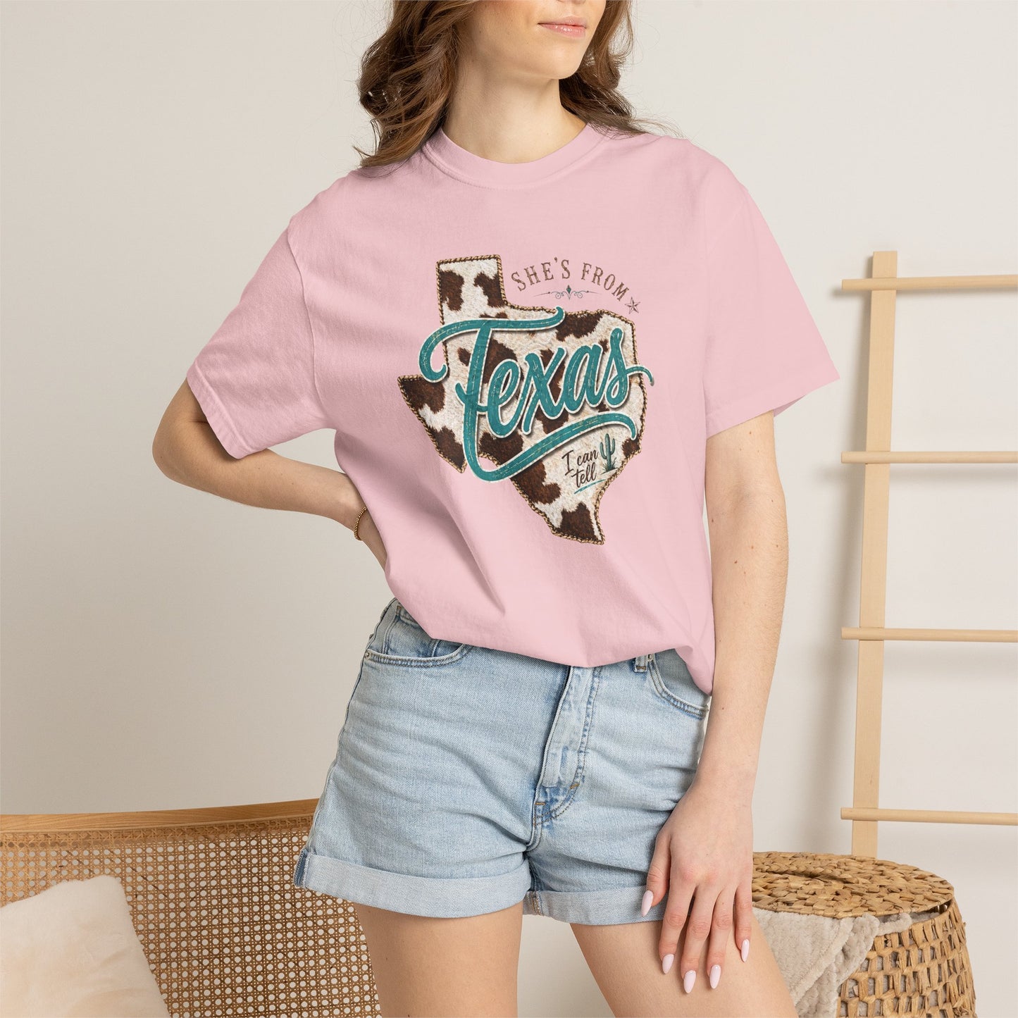 Texas Cowhide Graphic T-Shirt — "She's From Texas" Retro Western Tee