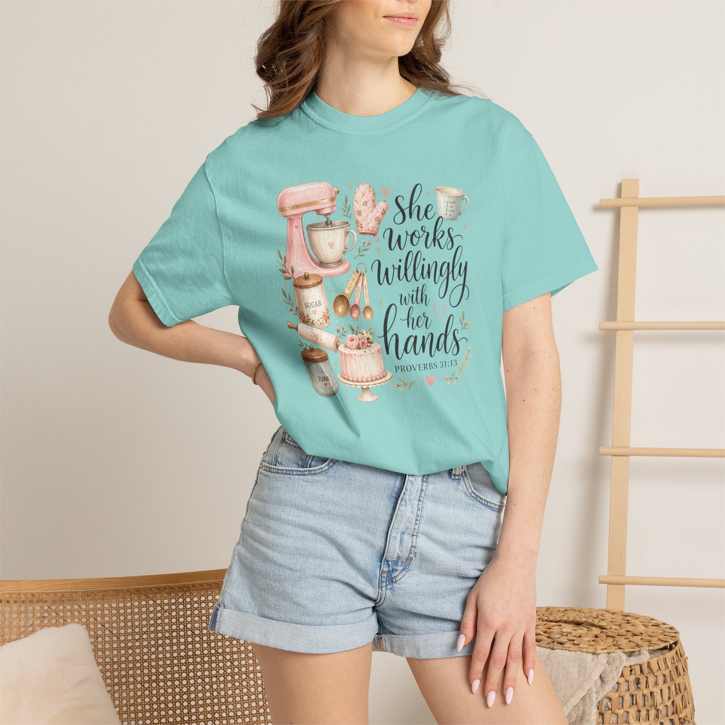 Baker’s Kitchen T-Shirt — “She Works Willingly With Her Hands” Floral Baking Design