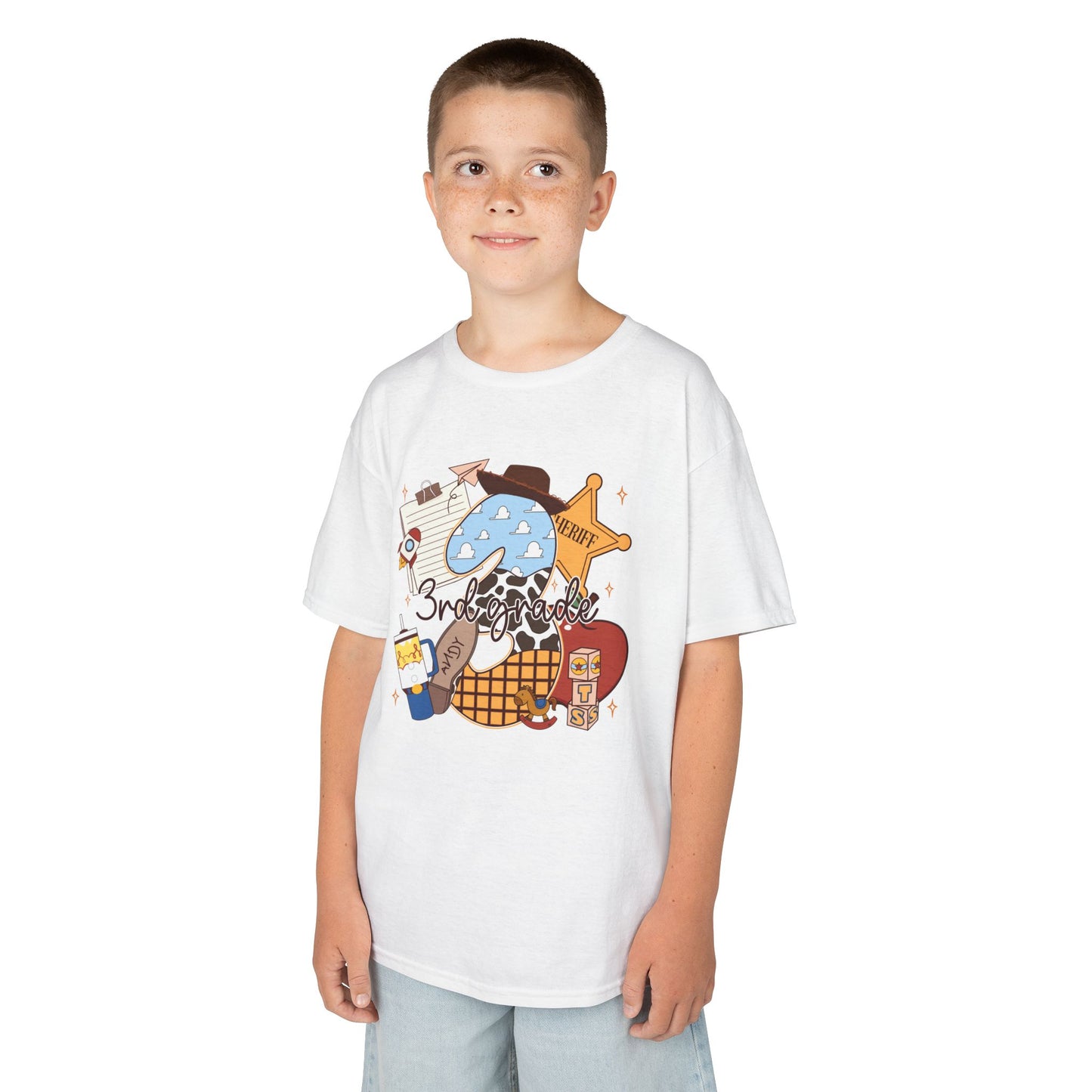 Kids Tee — 3rd Grade School Life Graphic (apple, donut, sheriff star)