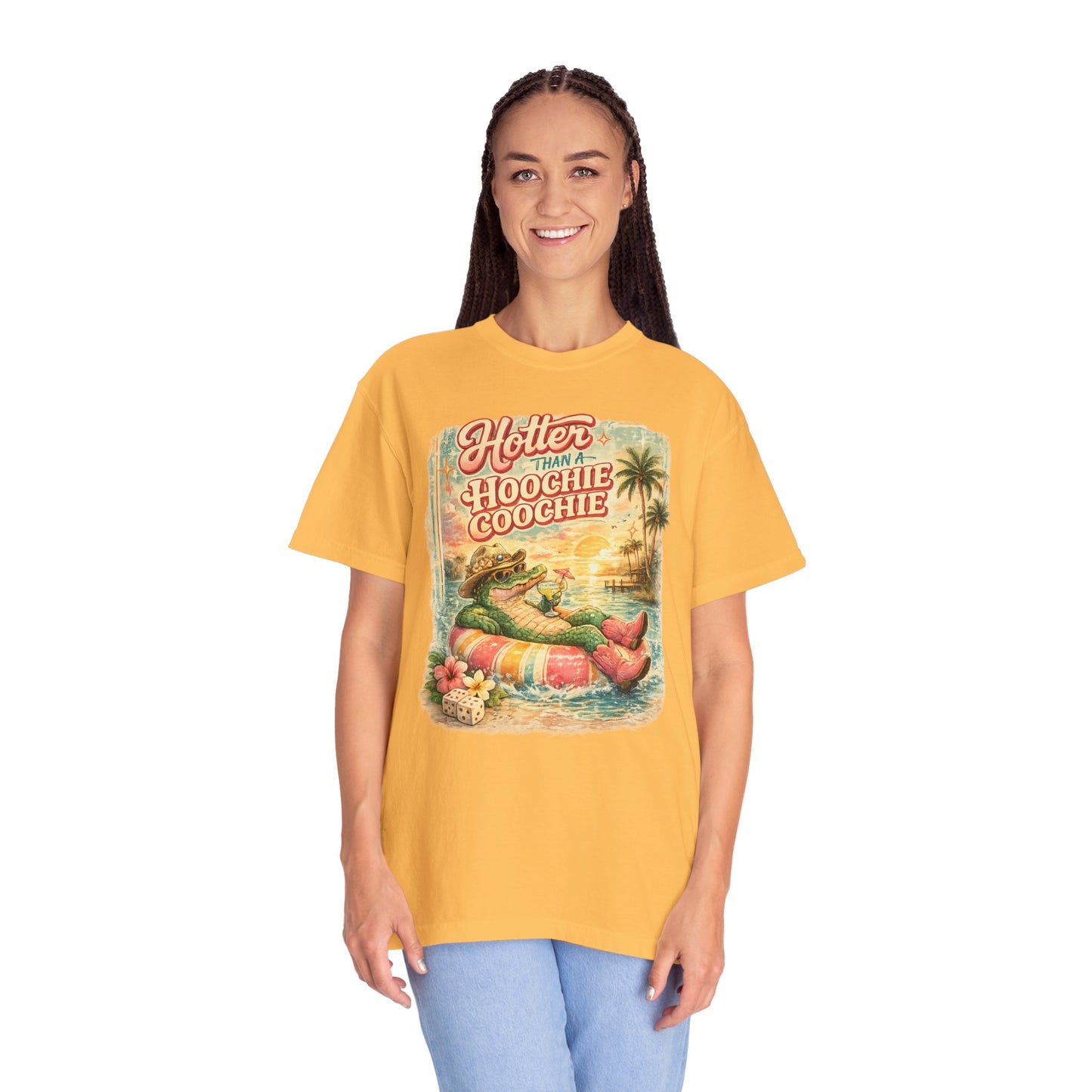 "Hotter Than a Hoochie Coochie" Retro Alligator Beach Graphic
