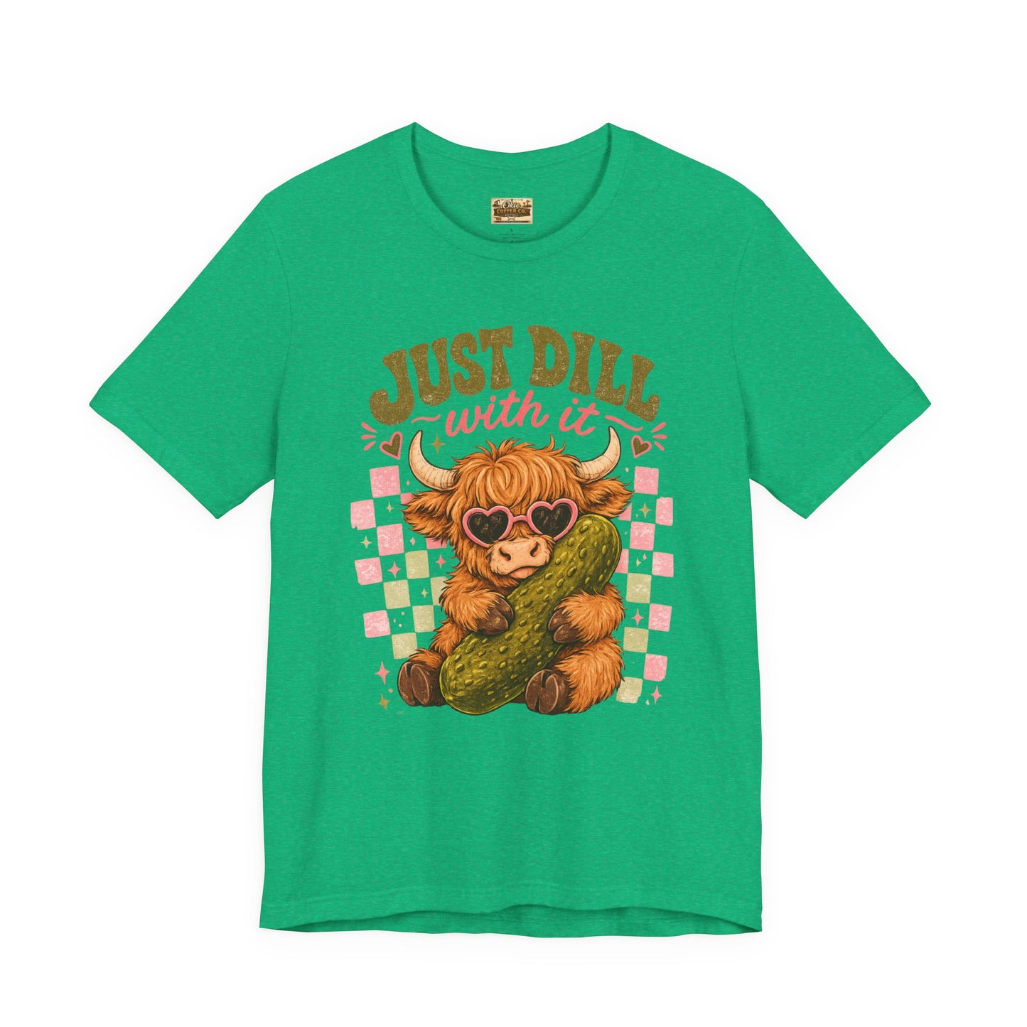 Just Dill With It Tee — Cute Highland Cow Hugging Pickle Graphic T‑Shirt