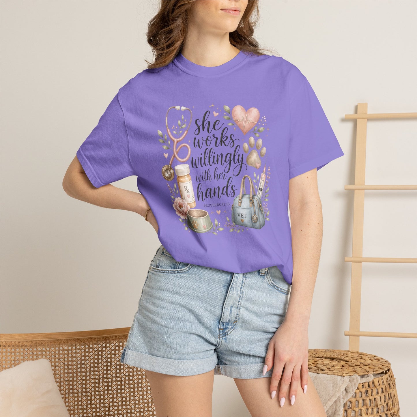 "She Works Willingly With Her Hands" Vet & Vet Tech Graphic Tee