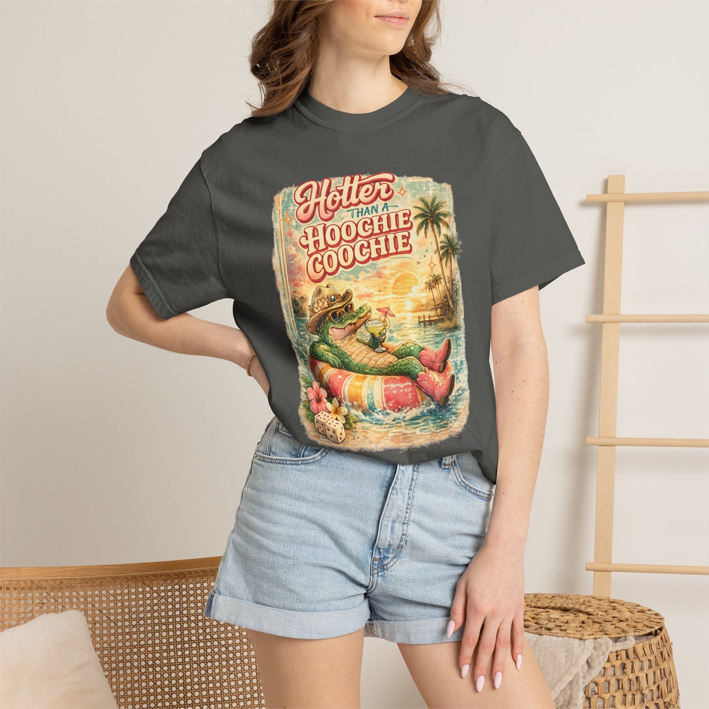 "Hotter Than a Hoochie Coochie" Retro Alligator Beach Graphic