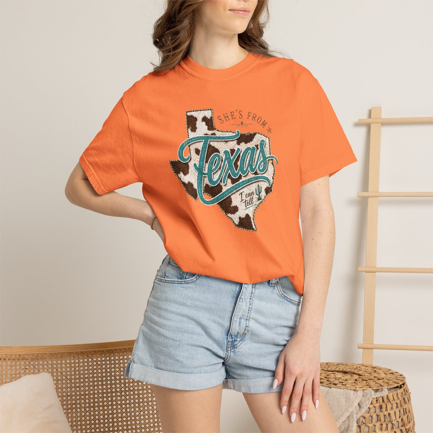 Texas Cowhide Graphic T-Shirt — "She's From Texas" Retro Western Tee