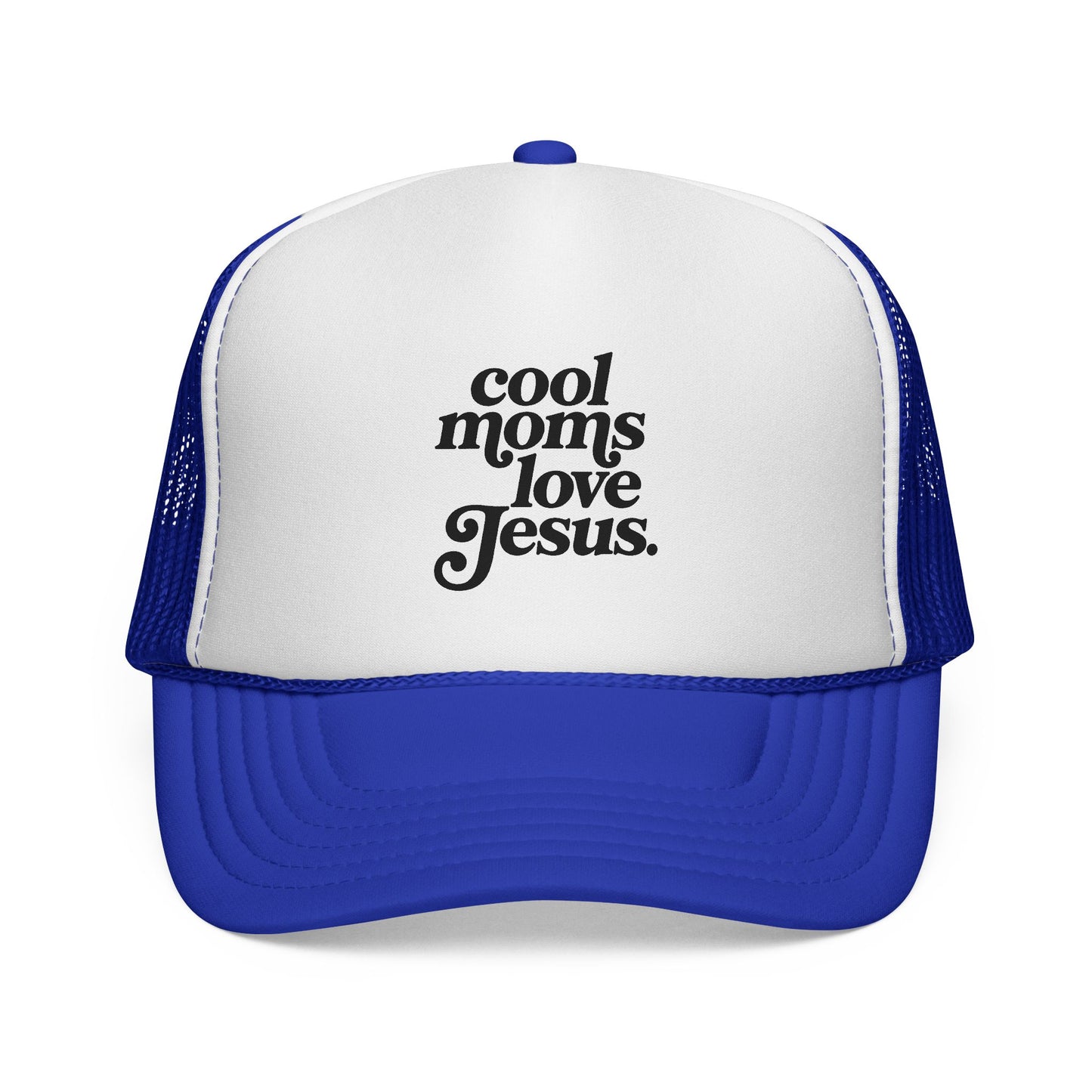 Trucker Cap — "Cool Moms Love Jesus" Retro Script Faith Hat