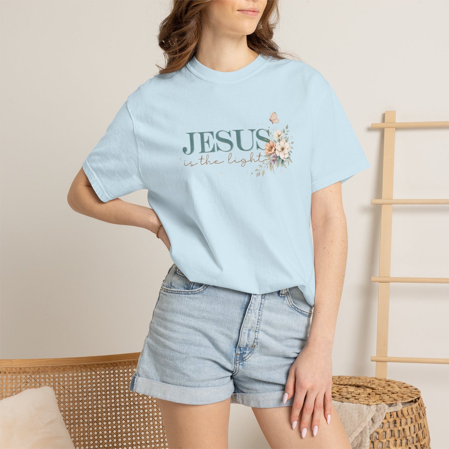 Jesus Is the Light T-Shirt — Floral Cross Christian Tee (Walking in Faith)