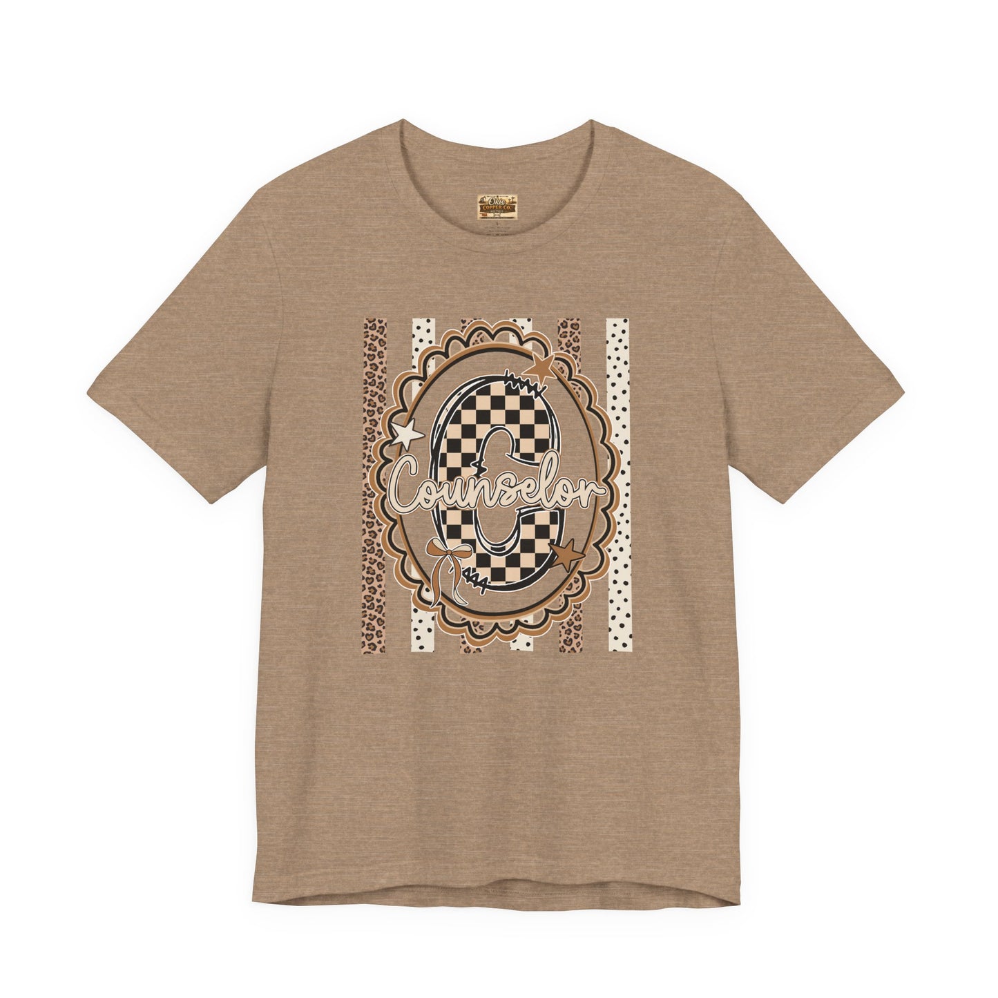 Counselor Tee — Retro Checkerboard & Leopard Print Graphic T-Shirt