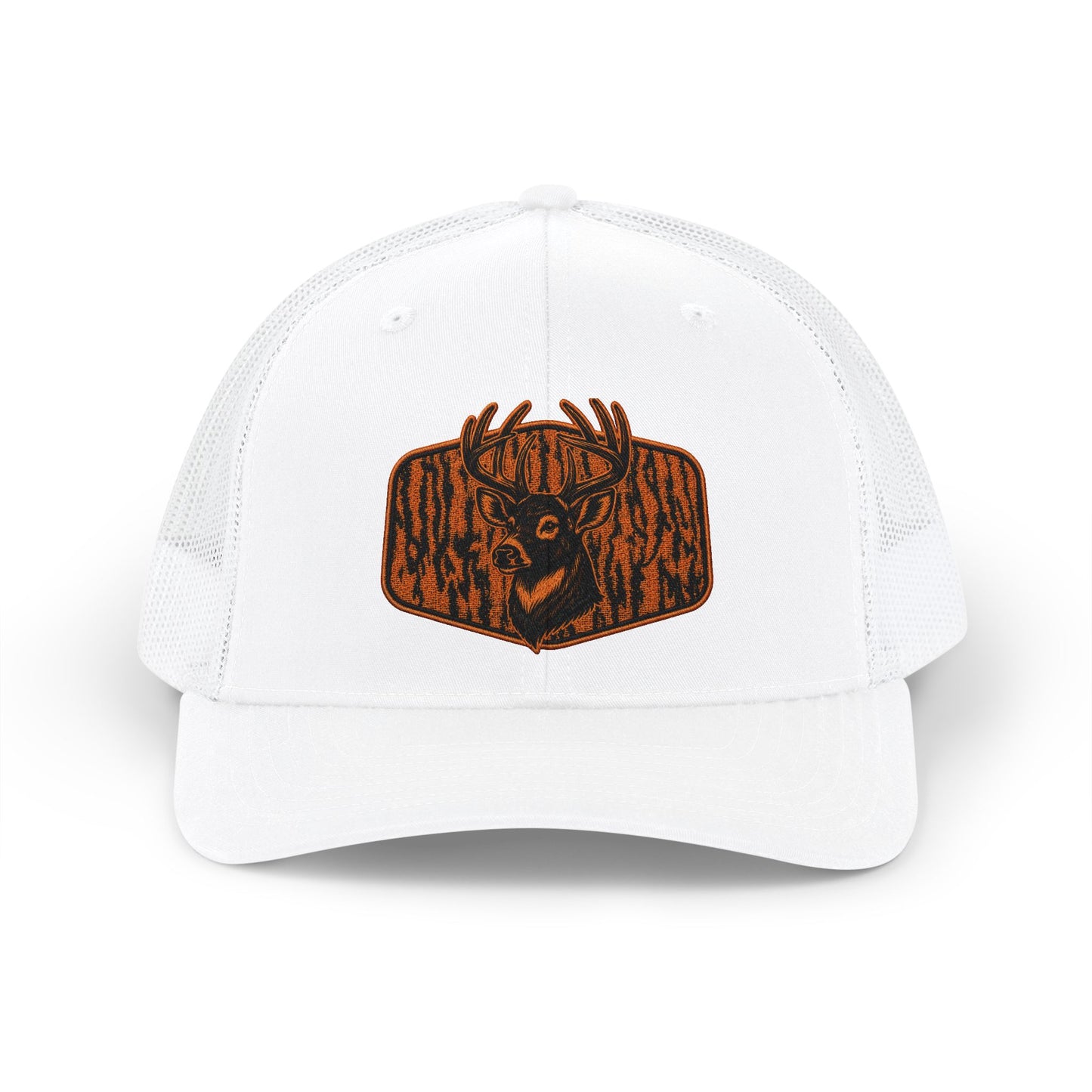 Deer Patch Snapback Trucker Cap — Rustic Woodgrain Buck Emblem