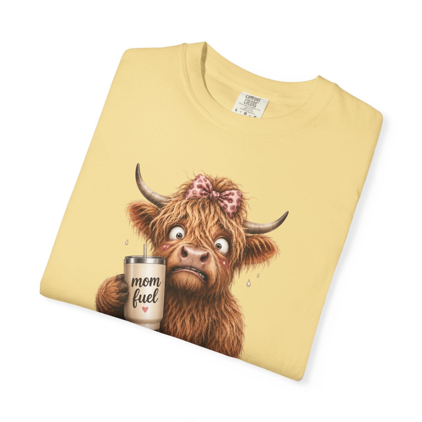 Anxiety Loading T-Shirt — Cute Highland Cow with 'Mom Fuel' Mug