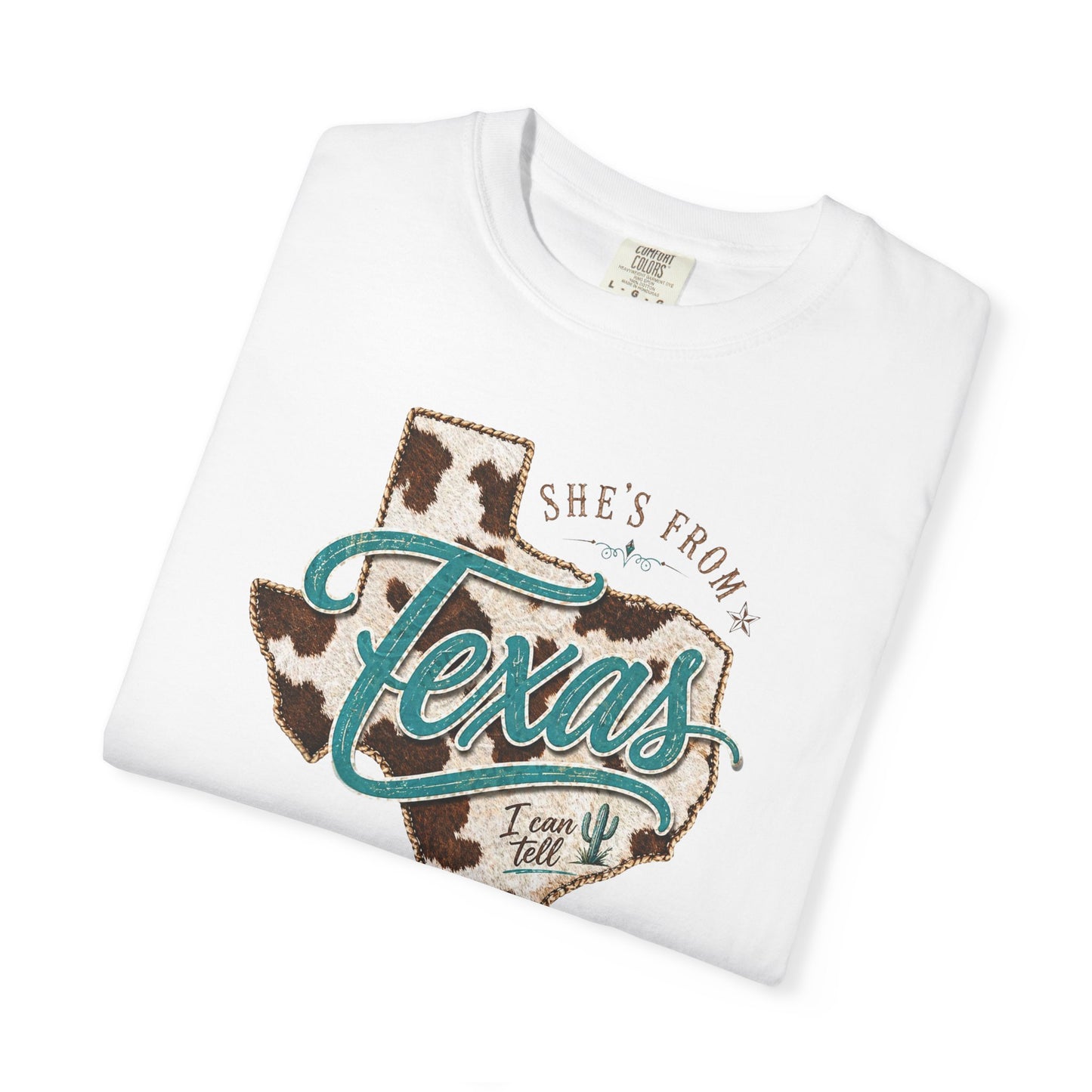 Texas Cowhide Graphic T-Shirt — "She's From Texas" Retro Western Tee