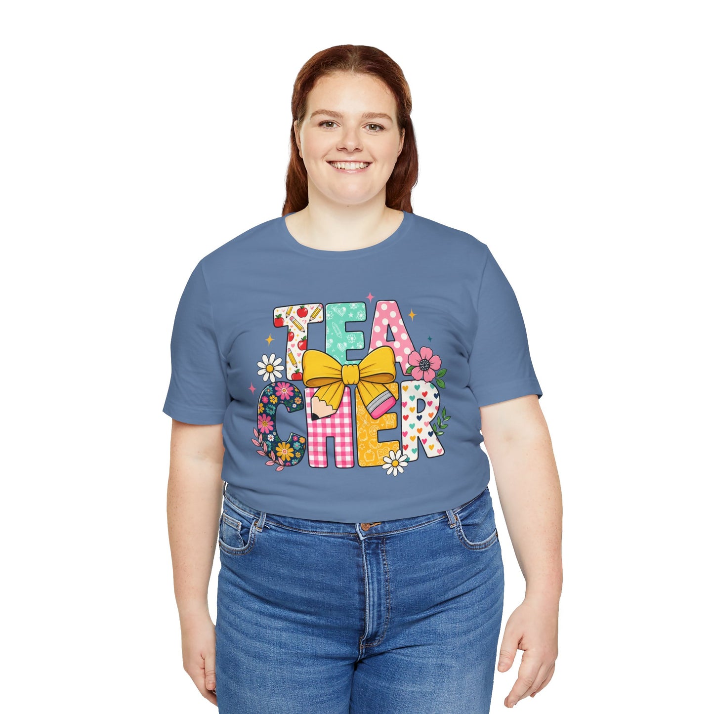 Teacher Floral Bow T-Shirt — Cute 'Teach er' Colorful School Shirt for Teachers
