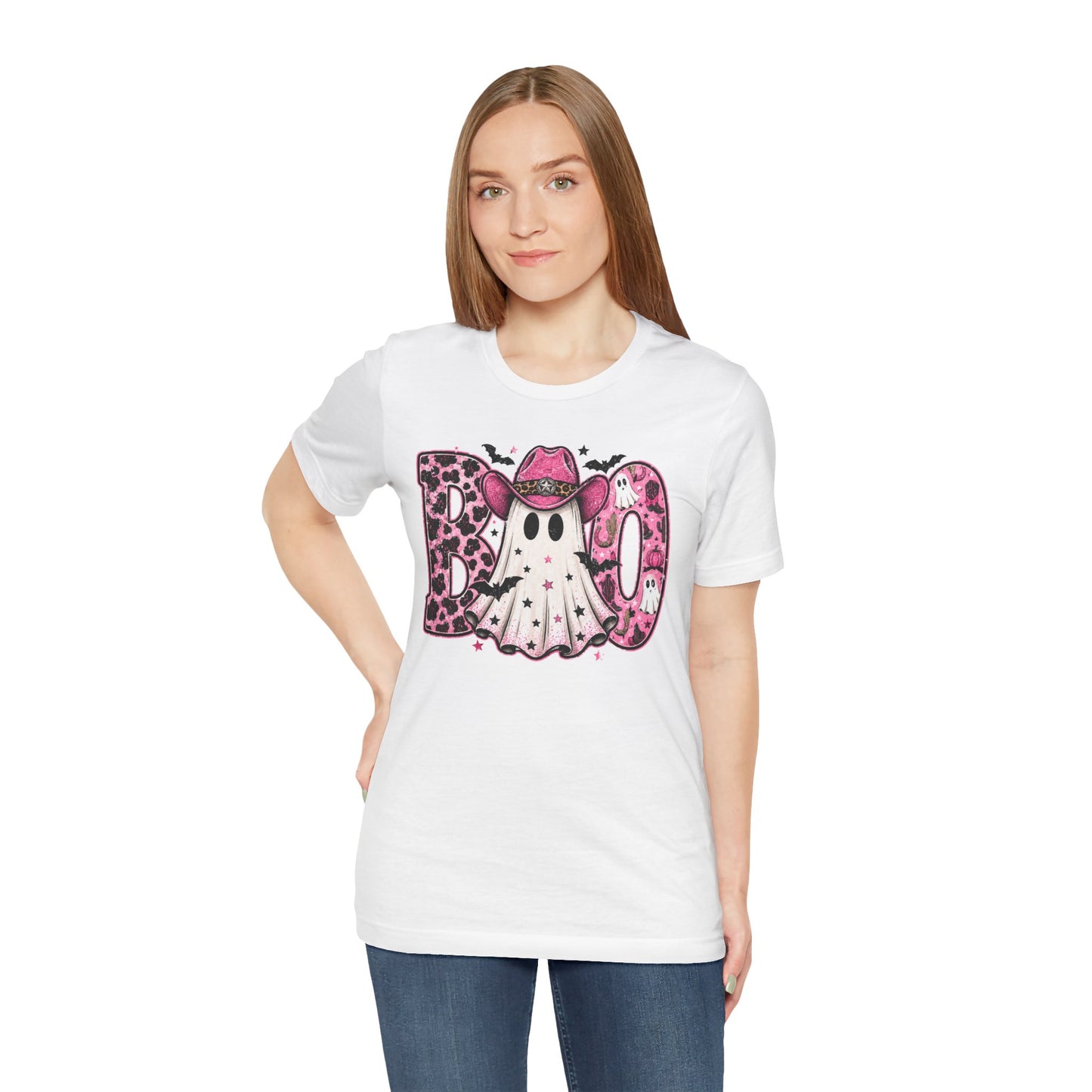 Boo Pink Leopard Ghost Tee — Cute Cowgirl Halloween T-Shirt