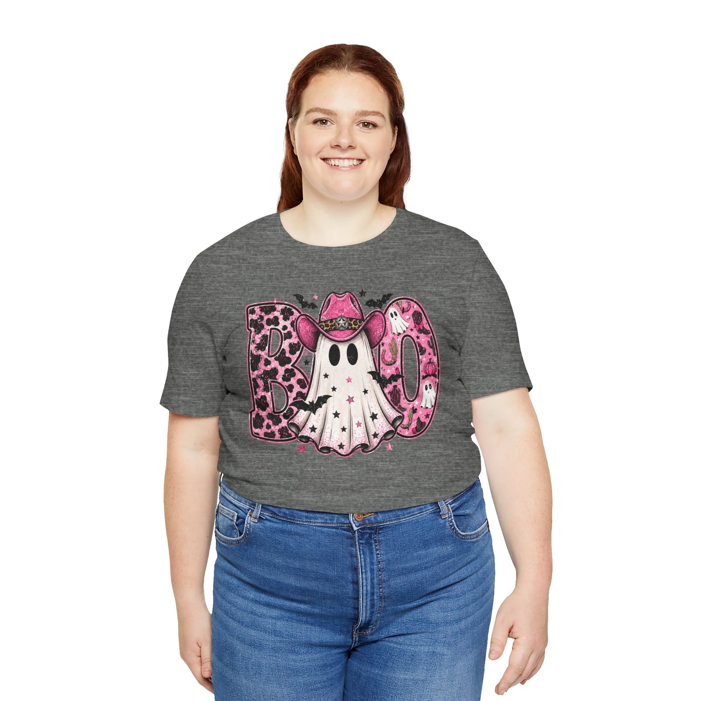 Boo Pink Leopard Ghost Tee — Cute Cowgirl Halloween T-Shirt