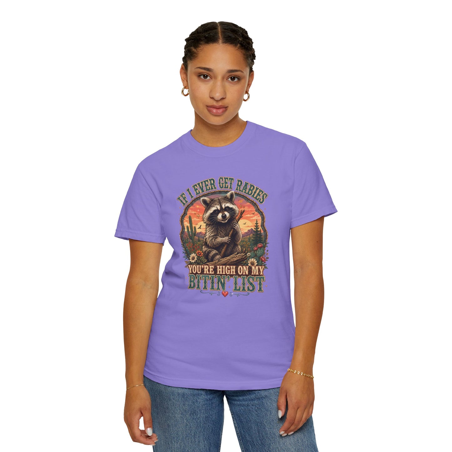 Raccoon Sunset T‑Shirt — “If I Ever Get Riches You’re High On My Bitin’ List” Funny Retro Graphic Tee