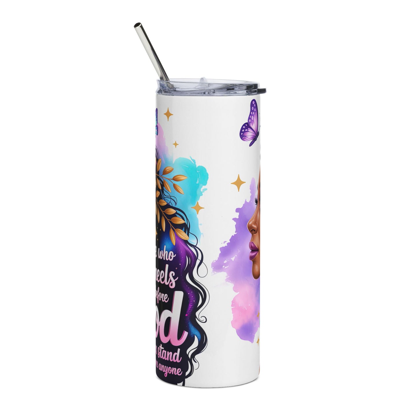 20oz Stainless Steel Tumbler — Floral Afrocentric Woman Design, Butterfly & Cross Travel Cup