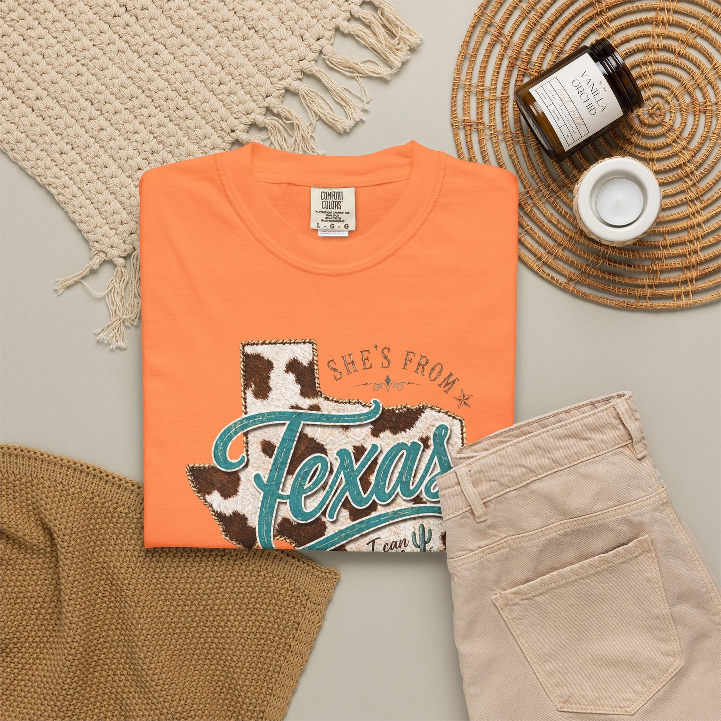Texas Cowhide Graphic T-Shirt — "She's From Texas" Retro Western Tee