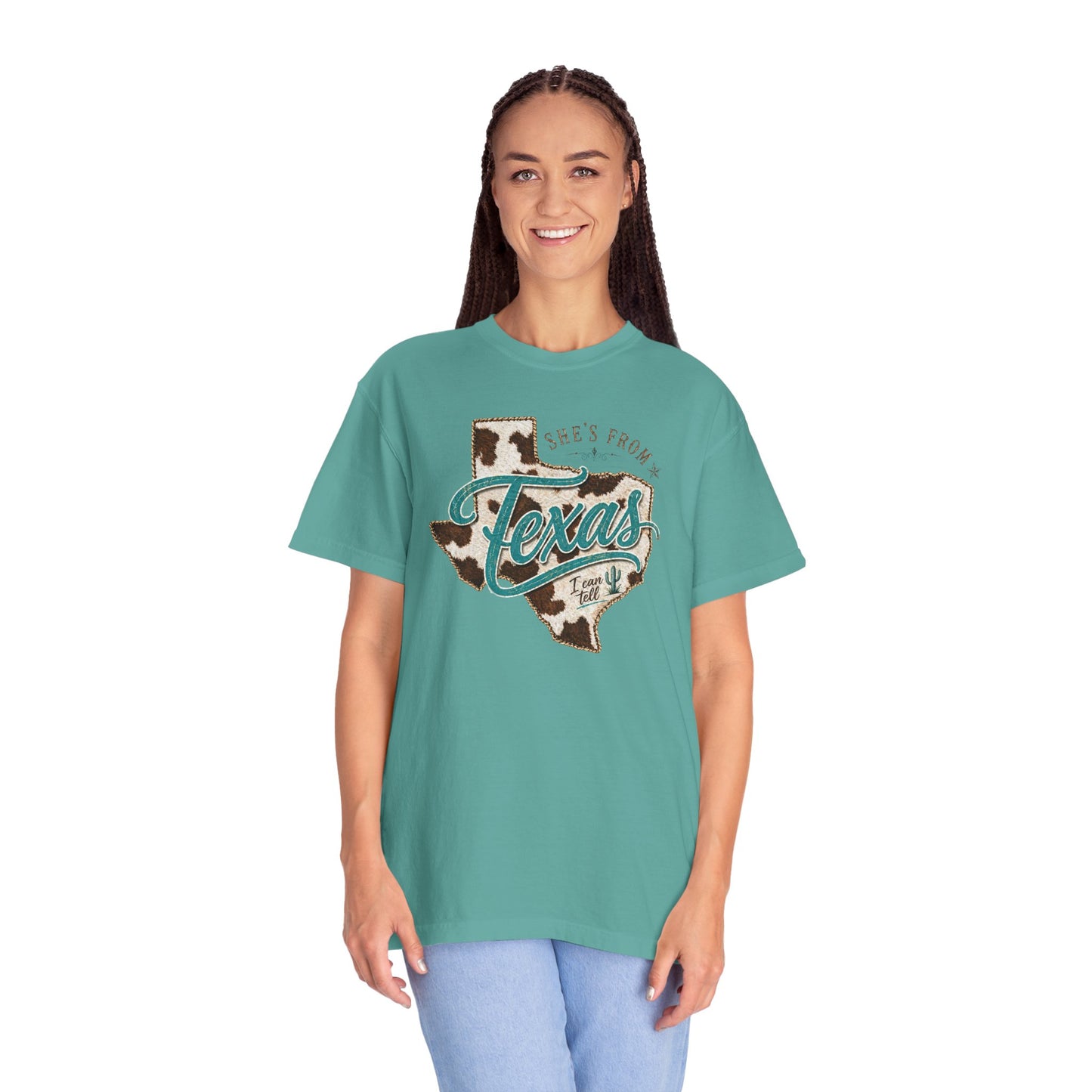 Texas Cowhide Graphic T-Shirt — "She's From Texas" Retro Western Tee