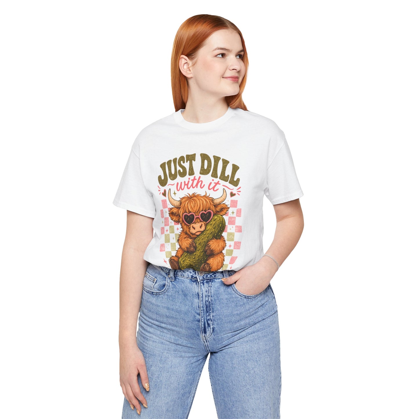 Just Dill With It Tee — Cute Highland Cow Hugging Pickle Graphic T‑Shirt