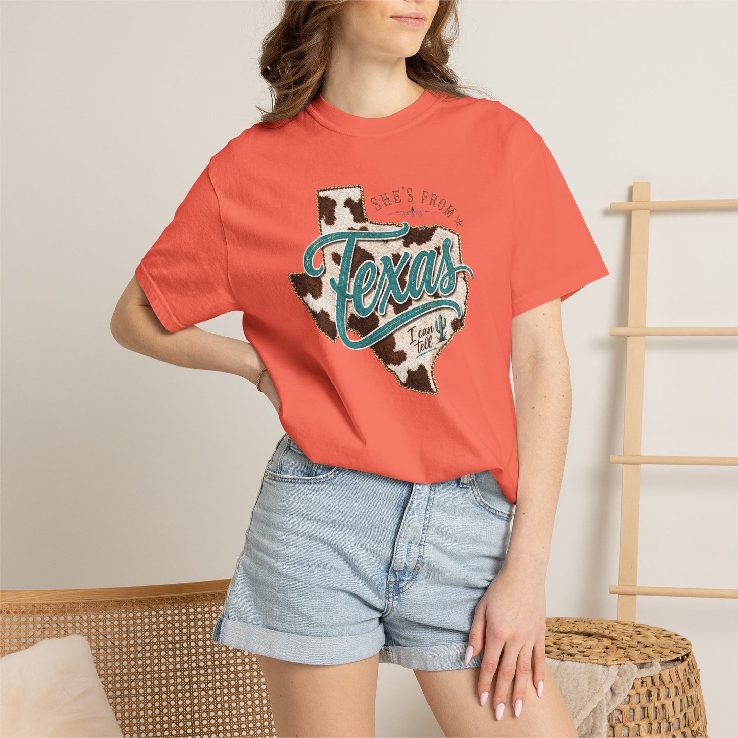 Texas Cowhide Graphic T-Shirt — "She's From Texas" Retro Western Tee