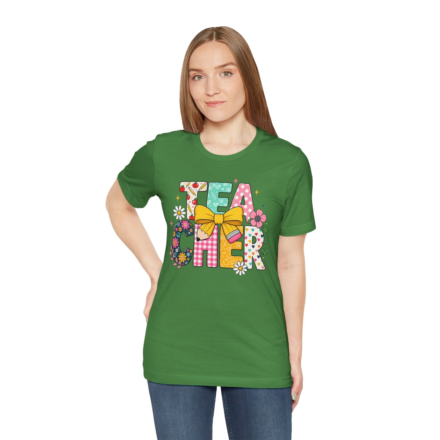 Teacher Floral Bow T-Shirt — Cute 'Teach er' Colorful School Shirt for Teachers