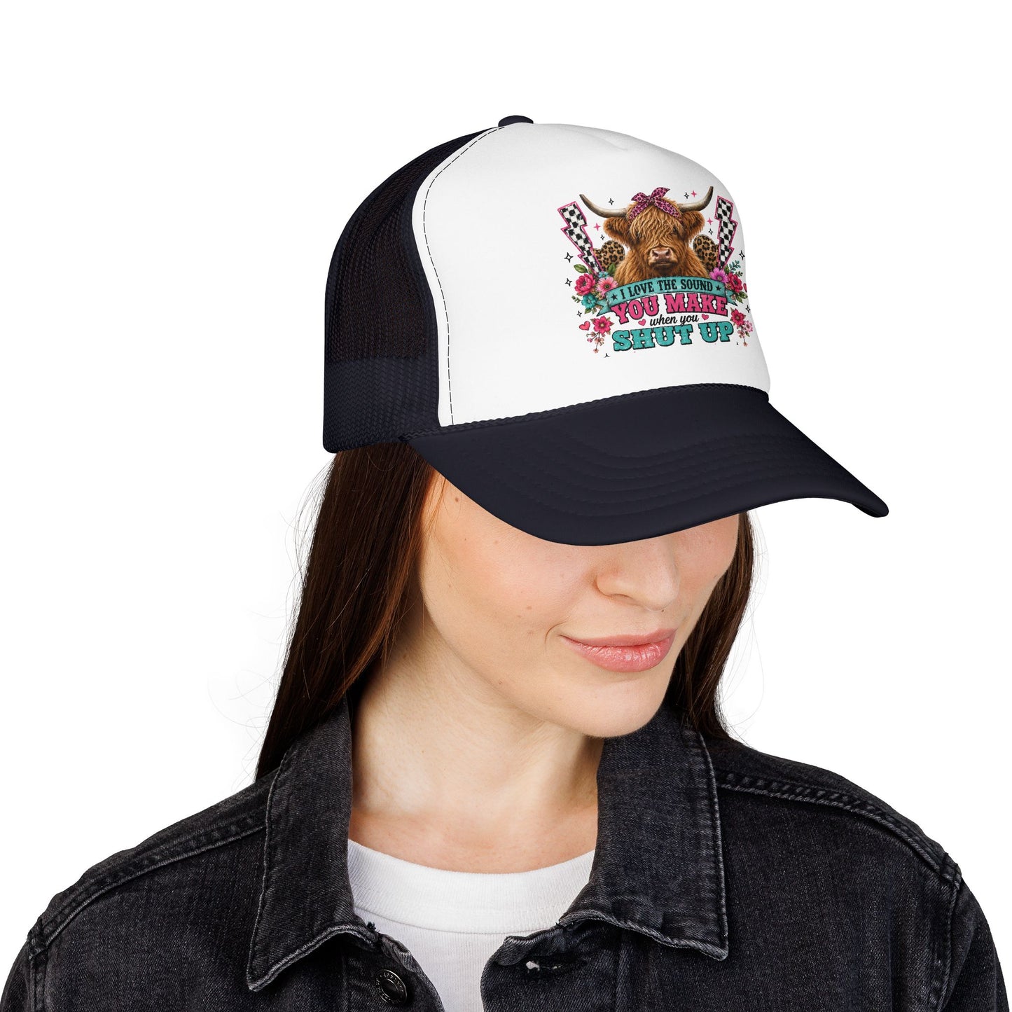 Cow Skull Trucker Hat – “I Love the Sound You Make When You Shut Up” Floral Western Cap