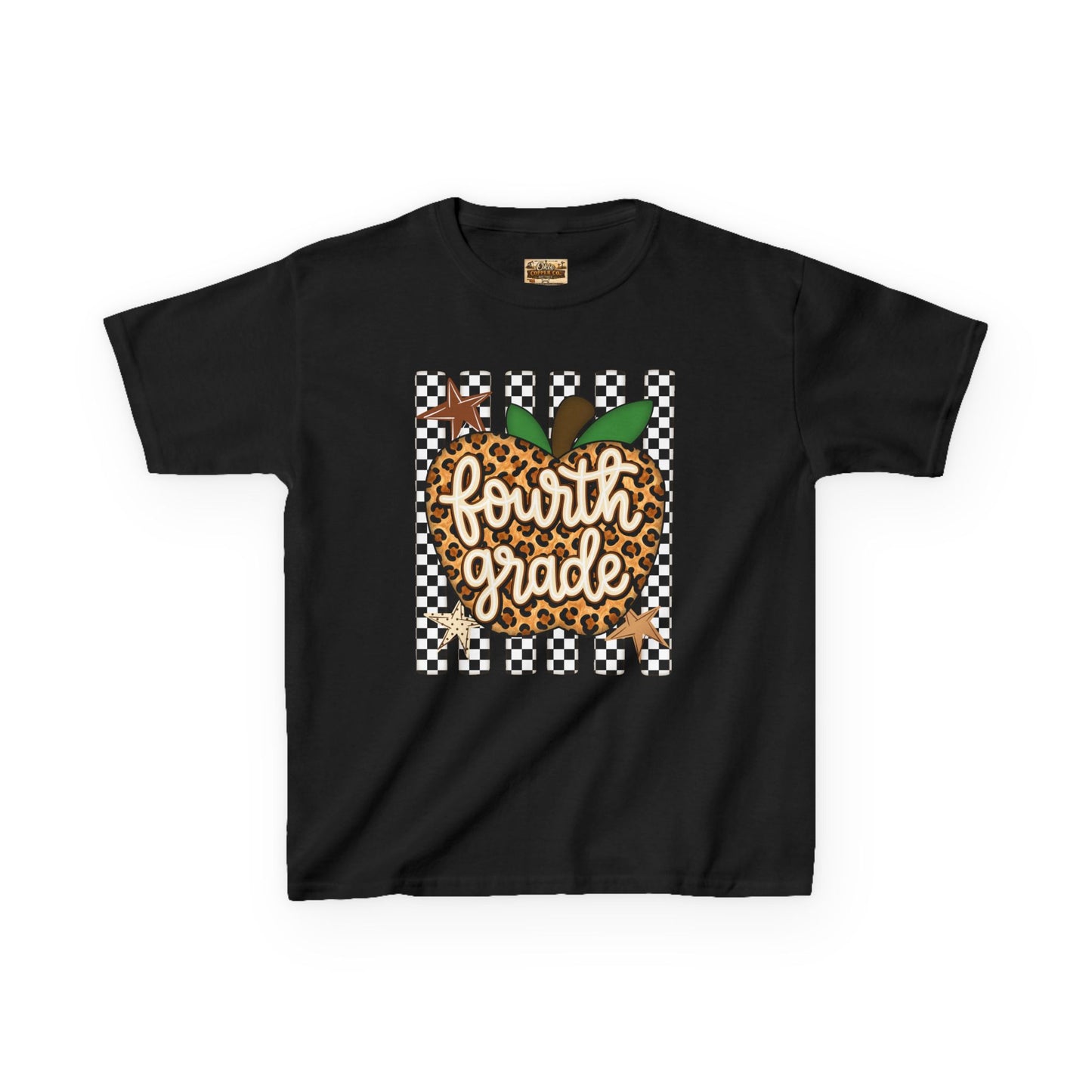 Fourth Grade Apple Kids T‑Shirt — Leopard & Checkerboard Back-to-School Tee