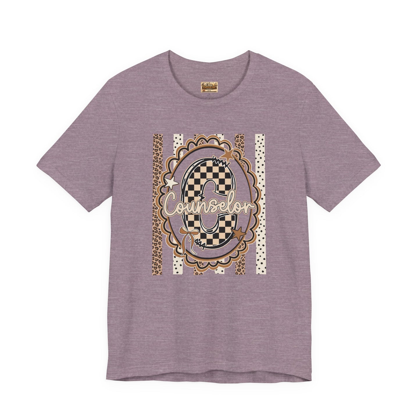 Counselor Tee — Retro Checkerboard & Leopard Print Graphic T-Shirt