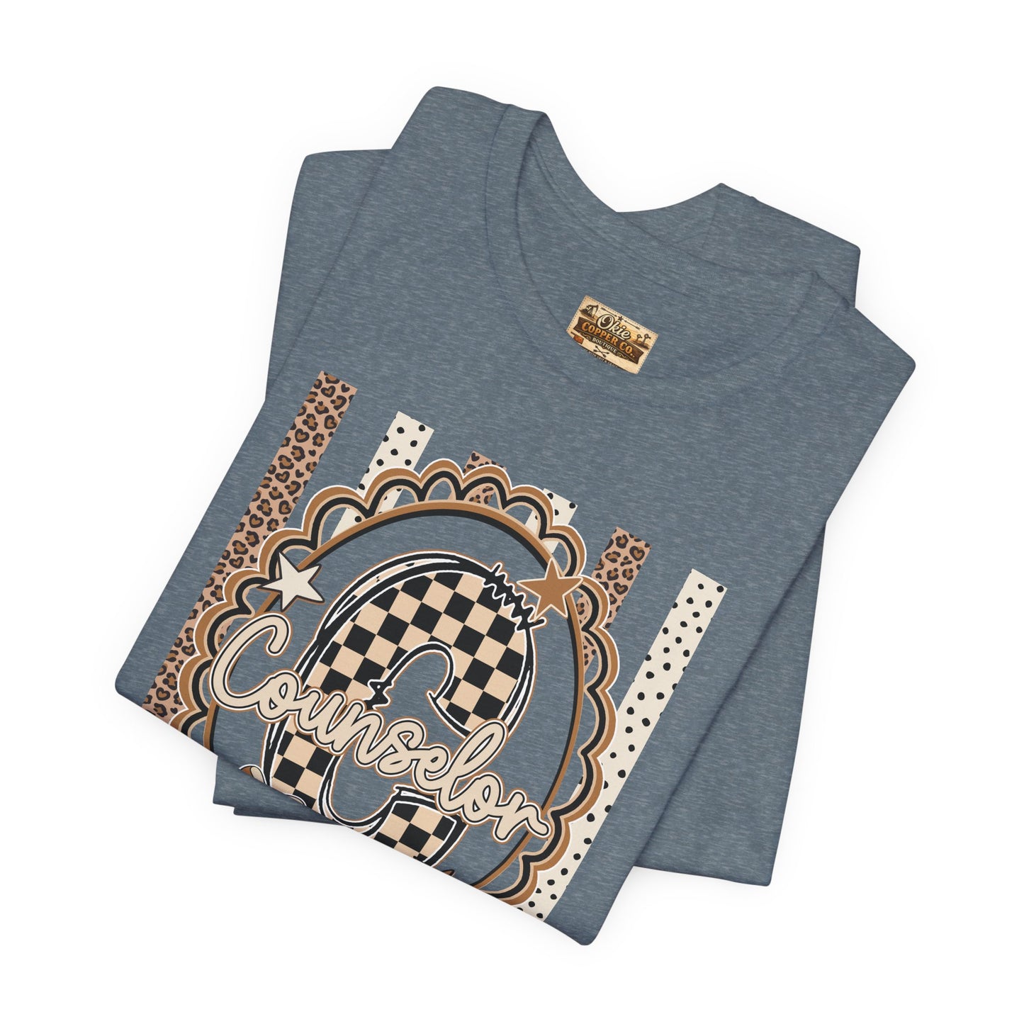 Counselor Tee — Retro Checkerboard & Leopard Print Graphic T-Shirt