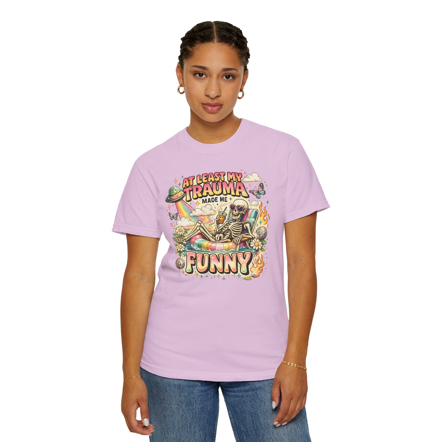 Funny Skeleton Graphic T-Shirt — "At Least My Trauma Made Me Funny"