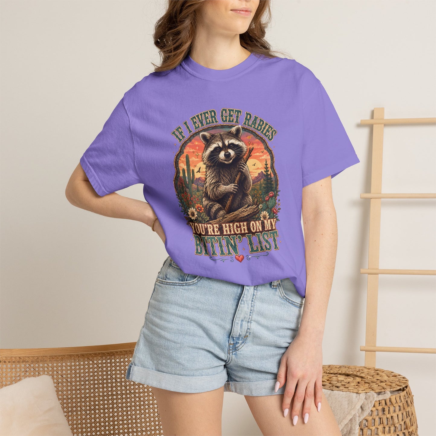 Raccoon Sunset T‑Shirt — “If I Ever Get Riches You’re High On My Bitin’ List” Funny Retro Graphic Tee