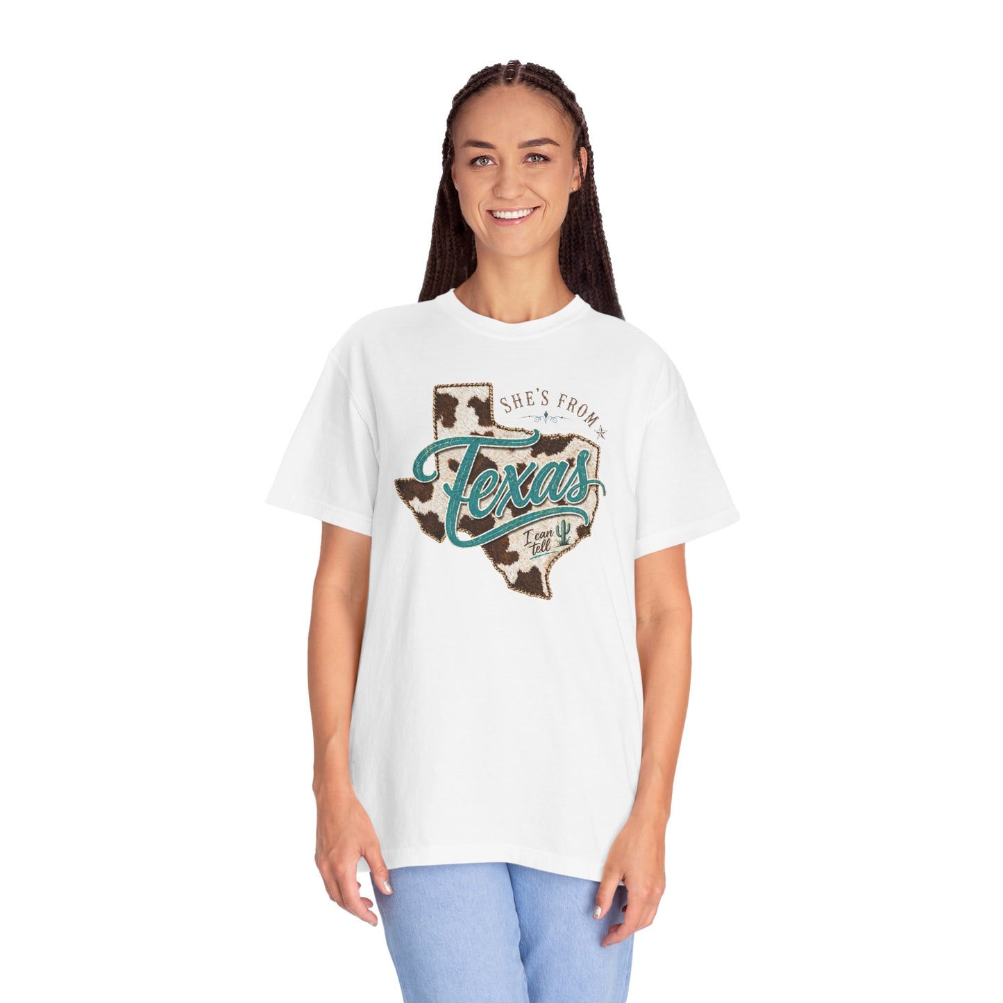Texas Cowhide Graphic T-Shirt — "She's From Texas" Retro Western Tee