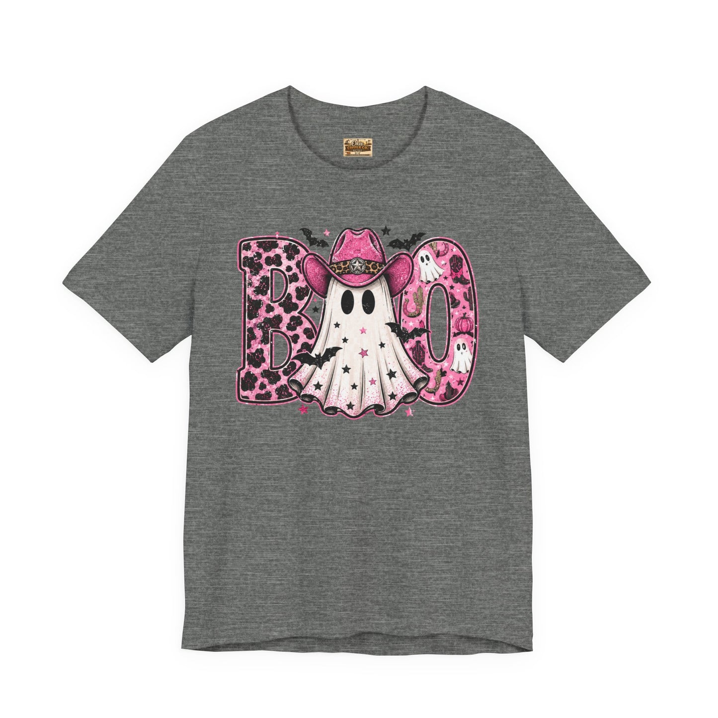 Boo Pink Leopard Ghost Tee — Cute Cowgirl Halloween T-Shirt