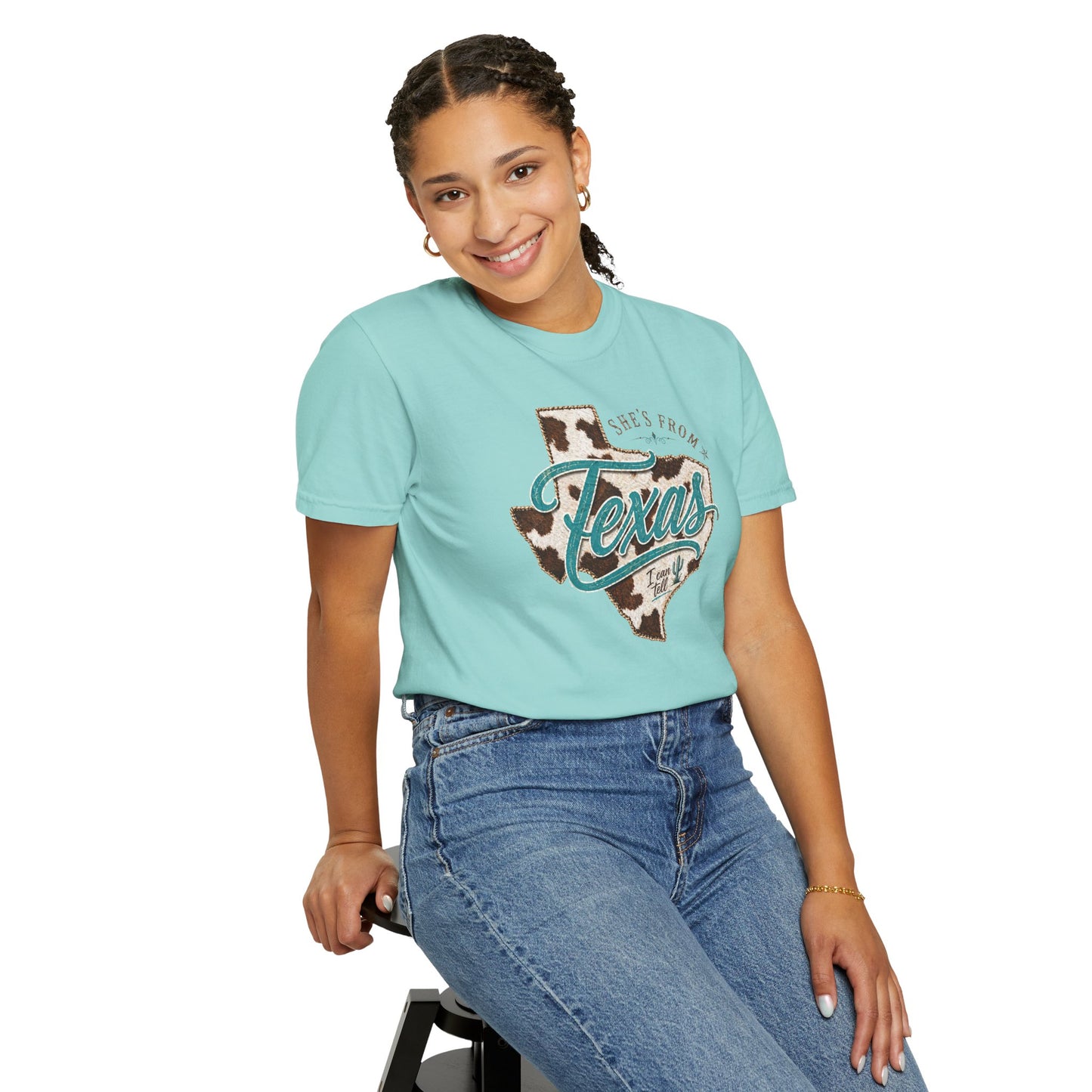 Texas Cowhide Graphic T-Shirt — "She's From Texas" Retro Western Tee